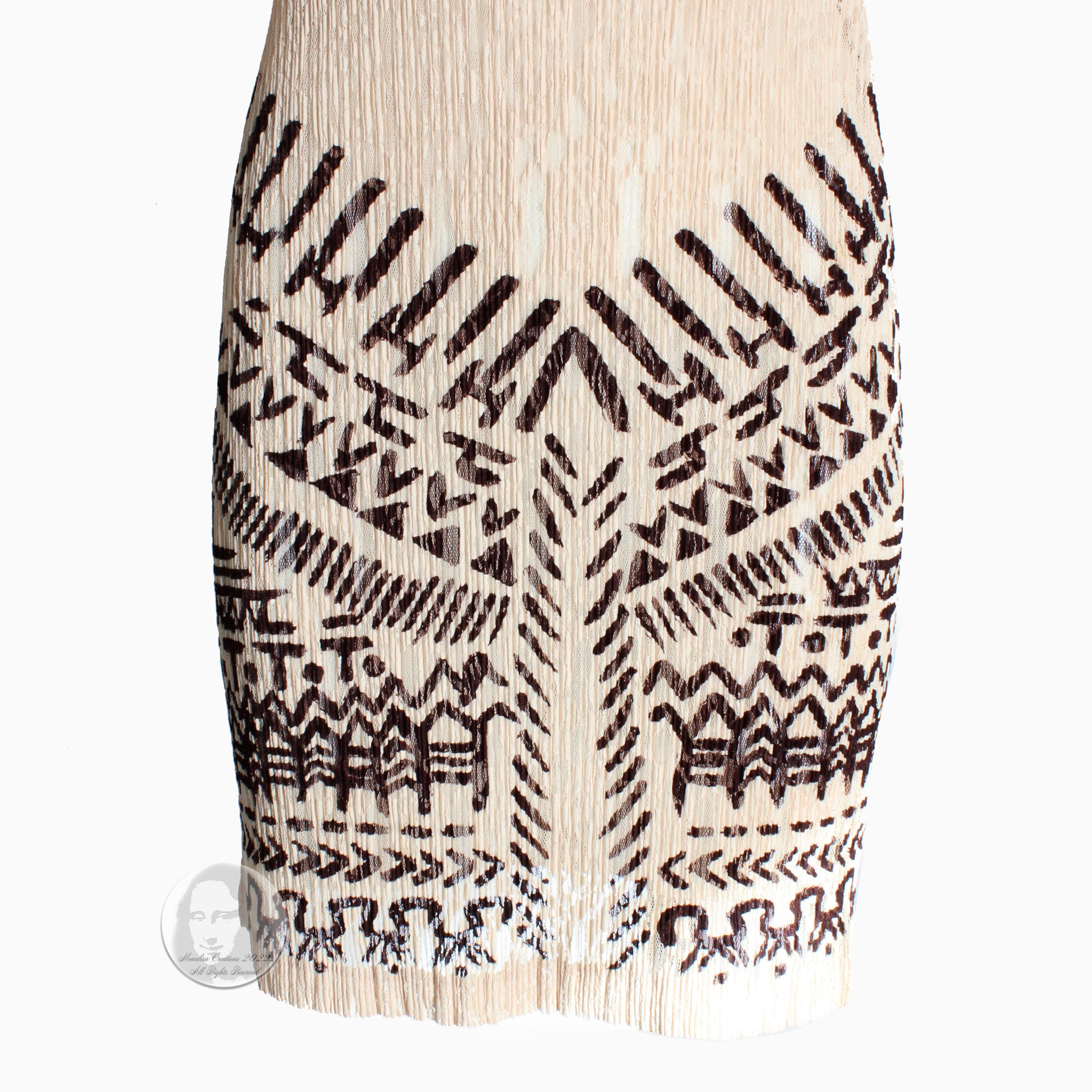 Beige Issey Miyake Dress Pleated Sheer Tunic Tattoo Tribal Print Size M 1990s Vintage