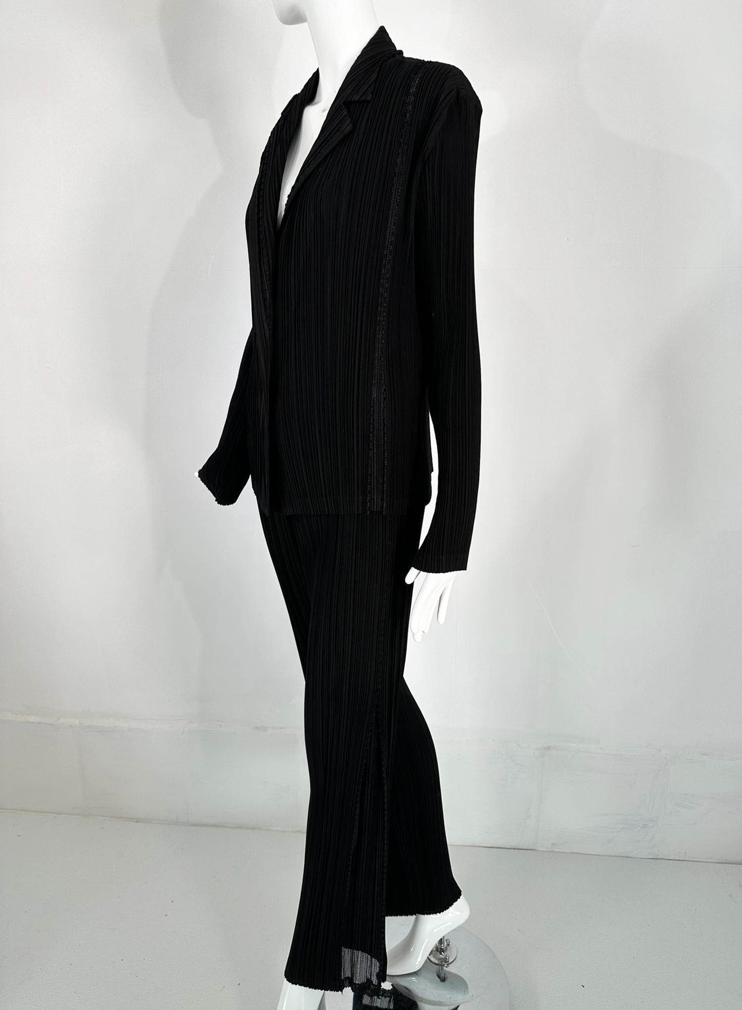 Issey Miyake Fete 2pc Jacket & Pant Black Pleats with Open Mesh Insertion Size 4 6