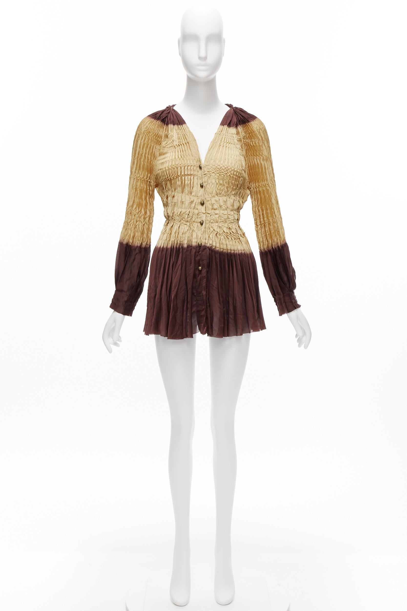 ISSEY MIYAKE FETE brown tie dye pleated bishop sleeve button tunic top JP2 M 6