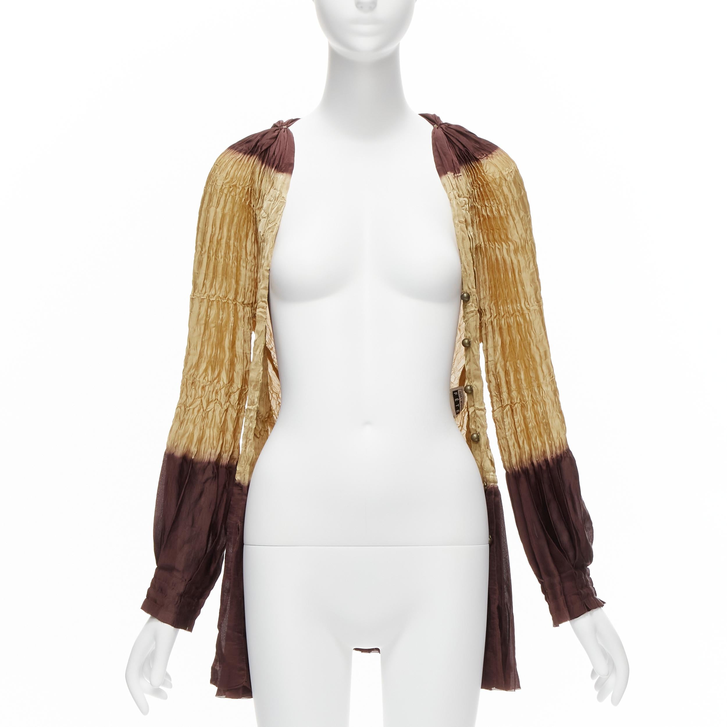 Beige ISSEY MIYAKE FETE brown tie dye pleated bishop sleeve button tunic top JP2 M