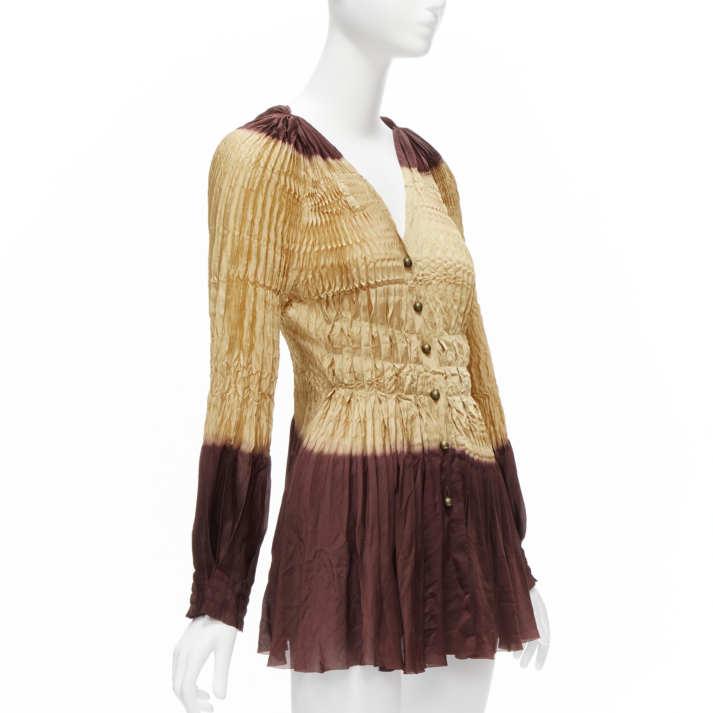ISSEY MIYAKE FETE brown tie dye pleated bishop sleeve button tunic top JP2 M In Good Condition In Hong Kong, NT