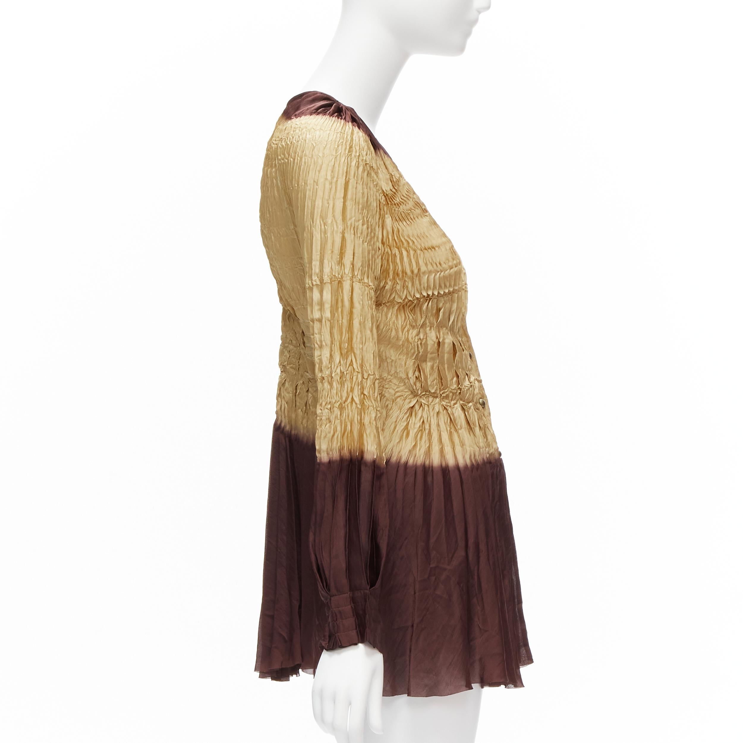 Women's ISSEY MIYAKE FETE brown tie dye pleated bishop sleeve button tunic top JP2 M