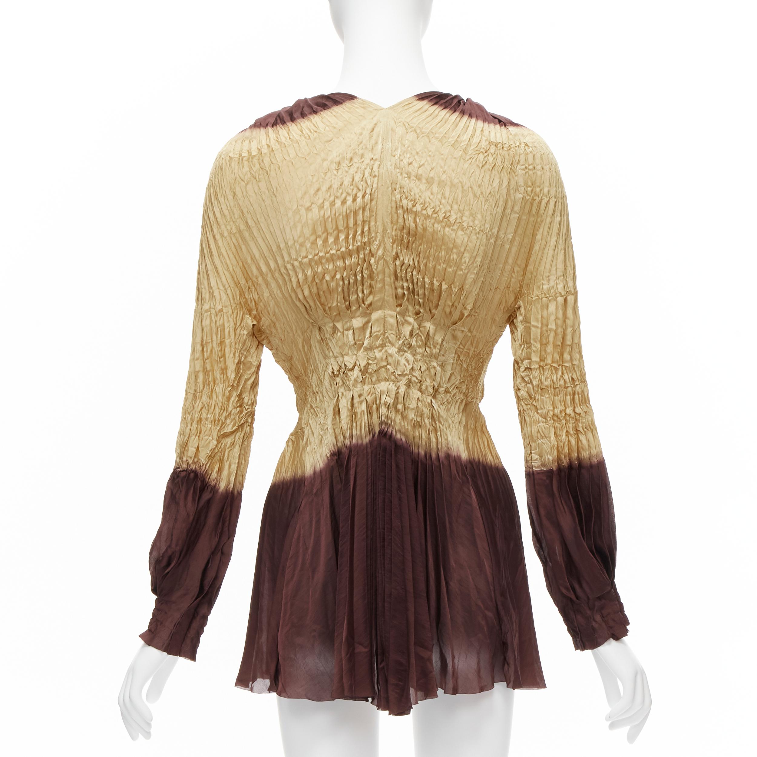 ISSEY MIYAKE FETE brown tie dye pleated bishop sleeve button tunic top JP2 M 1