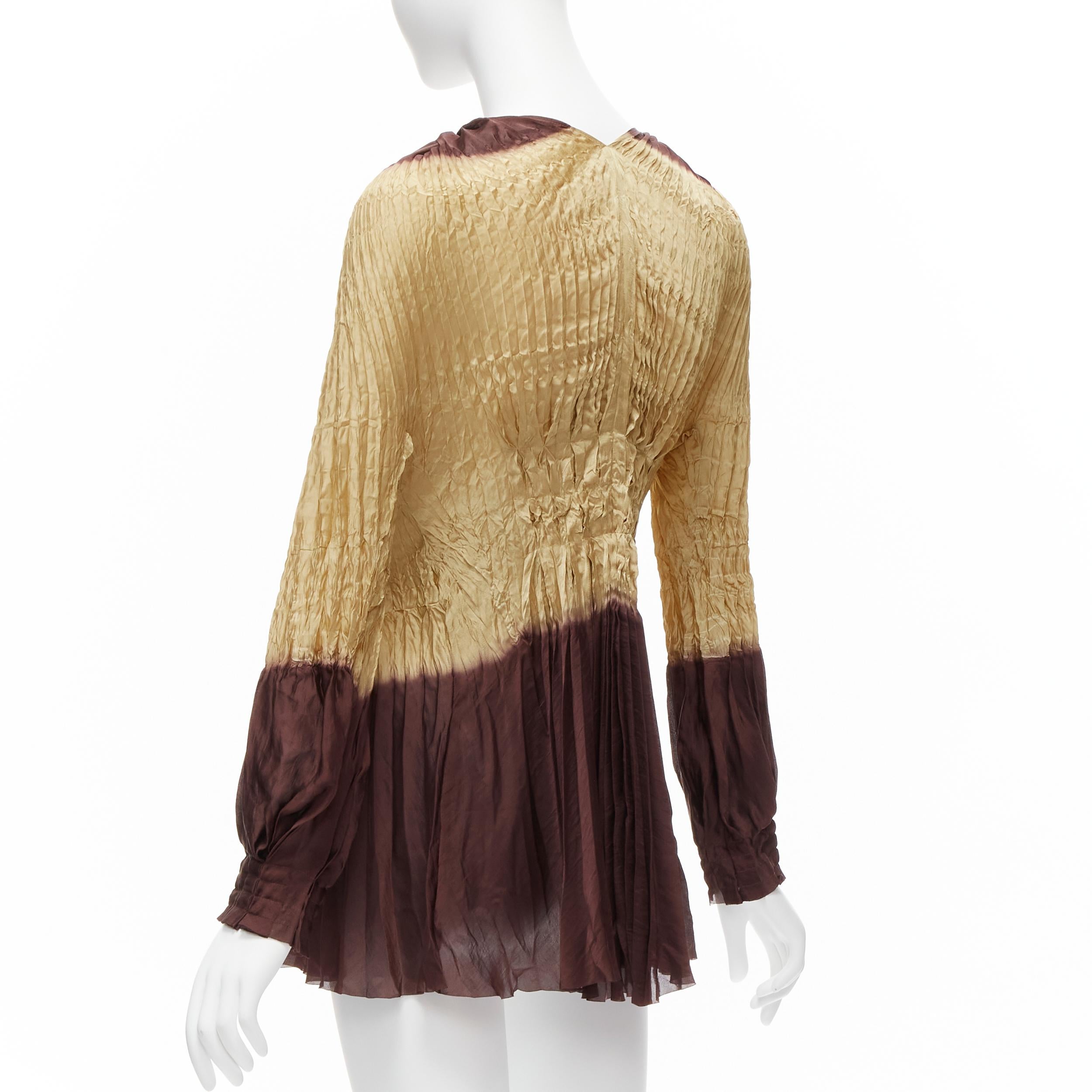 ISSEY MIYAKE FETE brown tie dye pleated bishop sleeve button tunic top JP2 M 2