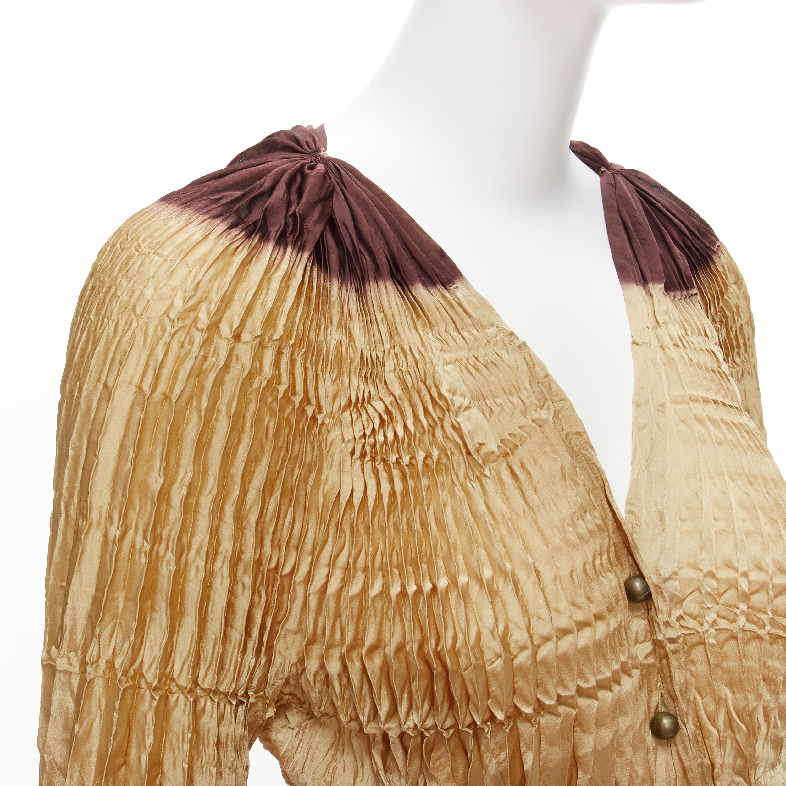 ISSEY MIYAKE FETE brown tie dye pleated bishop sleeve button tunic top JP2 M 3