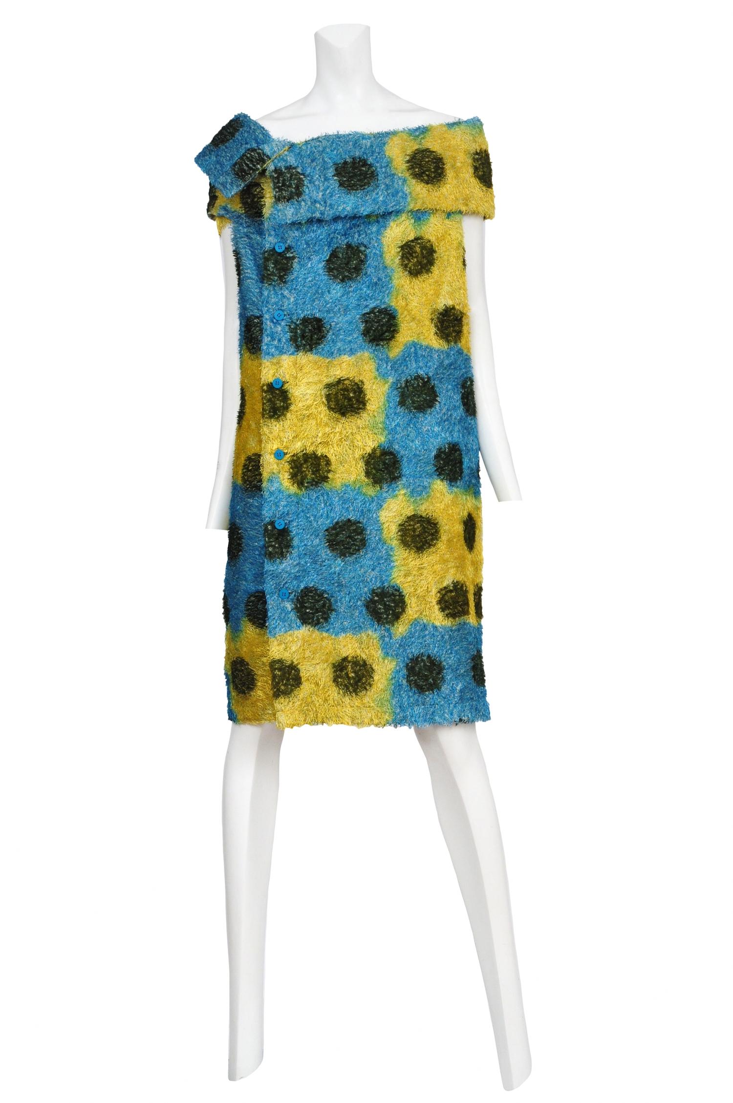 Vintage Issey Miyake fuzzy shift dress featuring an asymmetrical fold over collar and an aqua blue and yellow check print with a black polka dot detail. Runway piece from the Fall 1998 Collection.