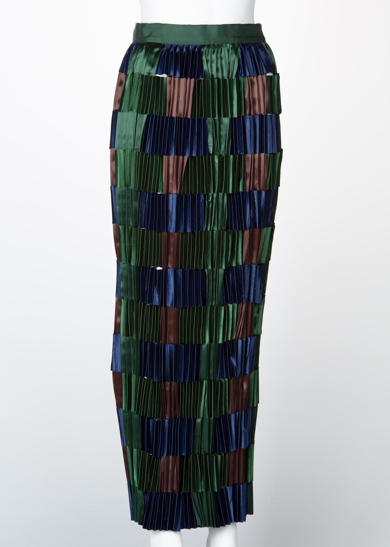 Black Issey Miyake Green Blue Pleated Satin Ribbon Skirt, 1990s  For Sale