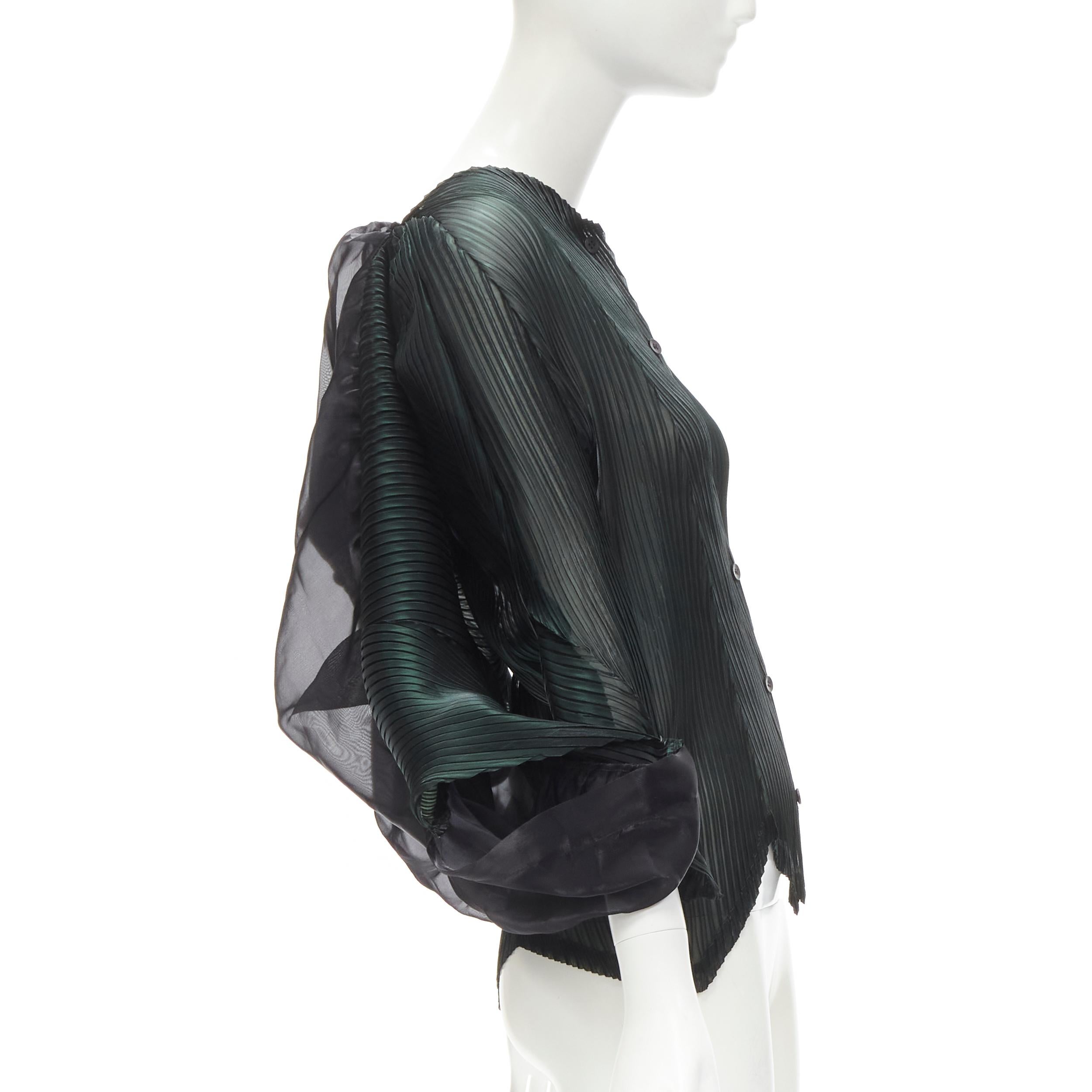 Women's ISSEY MIYAKE green plisse pleat black cloud ruffle shawl top JP3 L