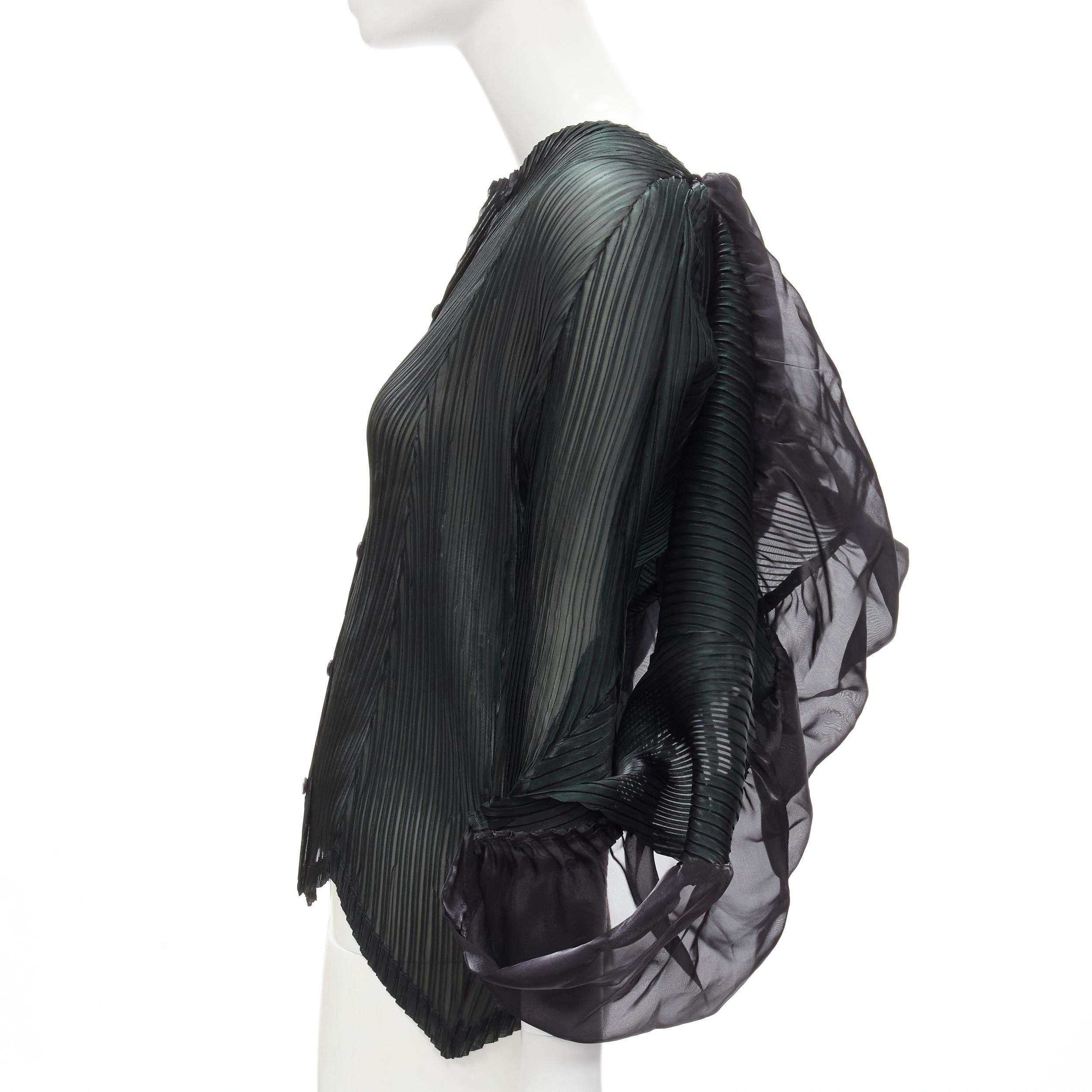 ISSEY MIYAKE green plisse pleat black cloud ruffle shawl top JP3 L 3