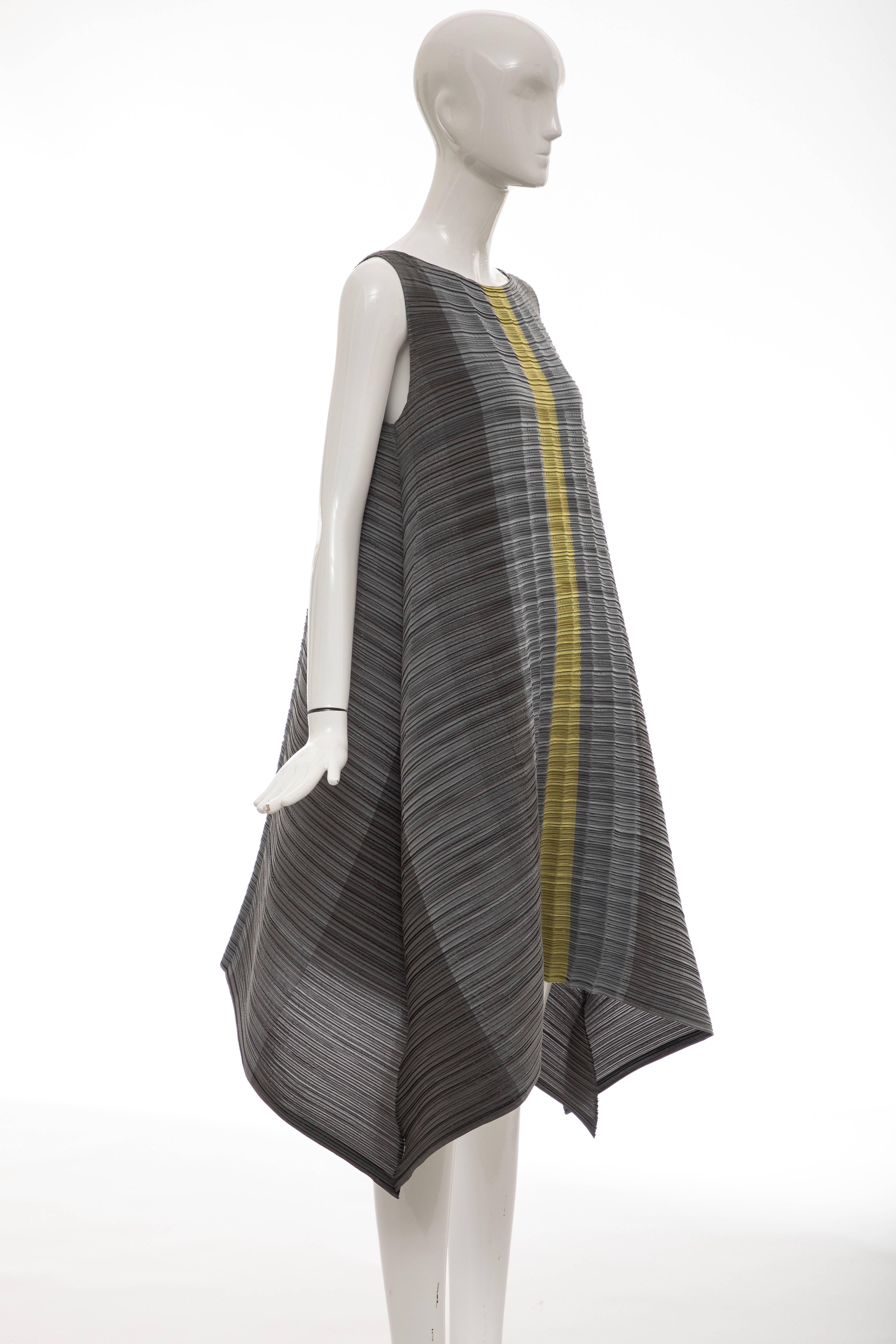 Issey Miyake Grey Chartreuse Sleeveless Pleated Dress In Excellent Condition In Cincinnati, OH
