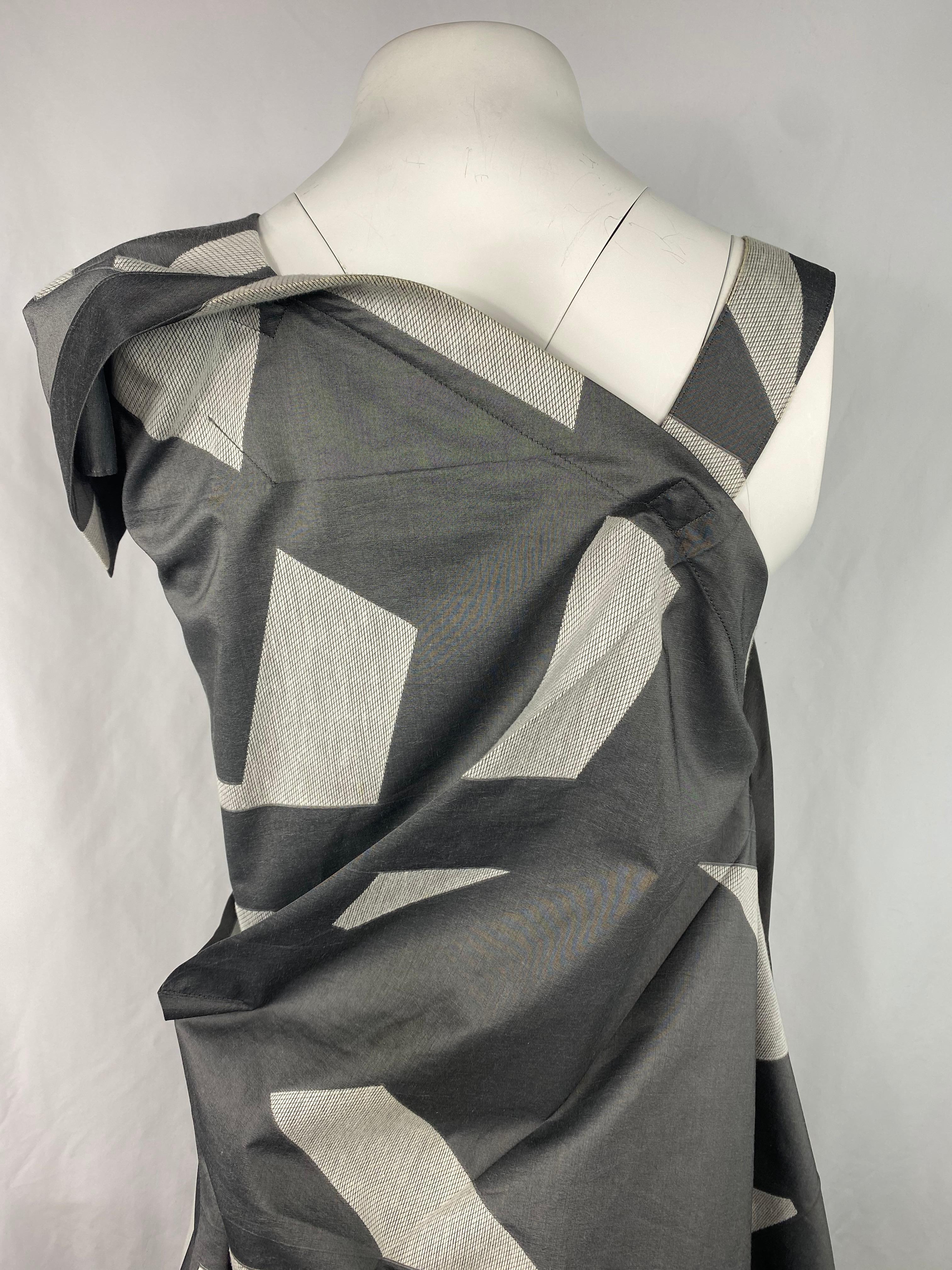 Black Issey Miyake Grey Cotton Sleeveless Asymmetrical Midi Dress, Size 3 For Sale