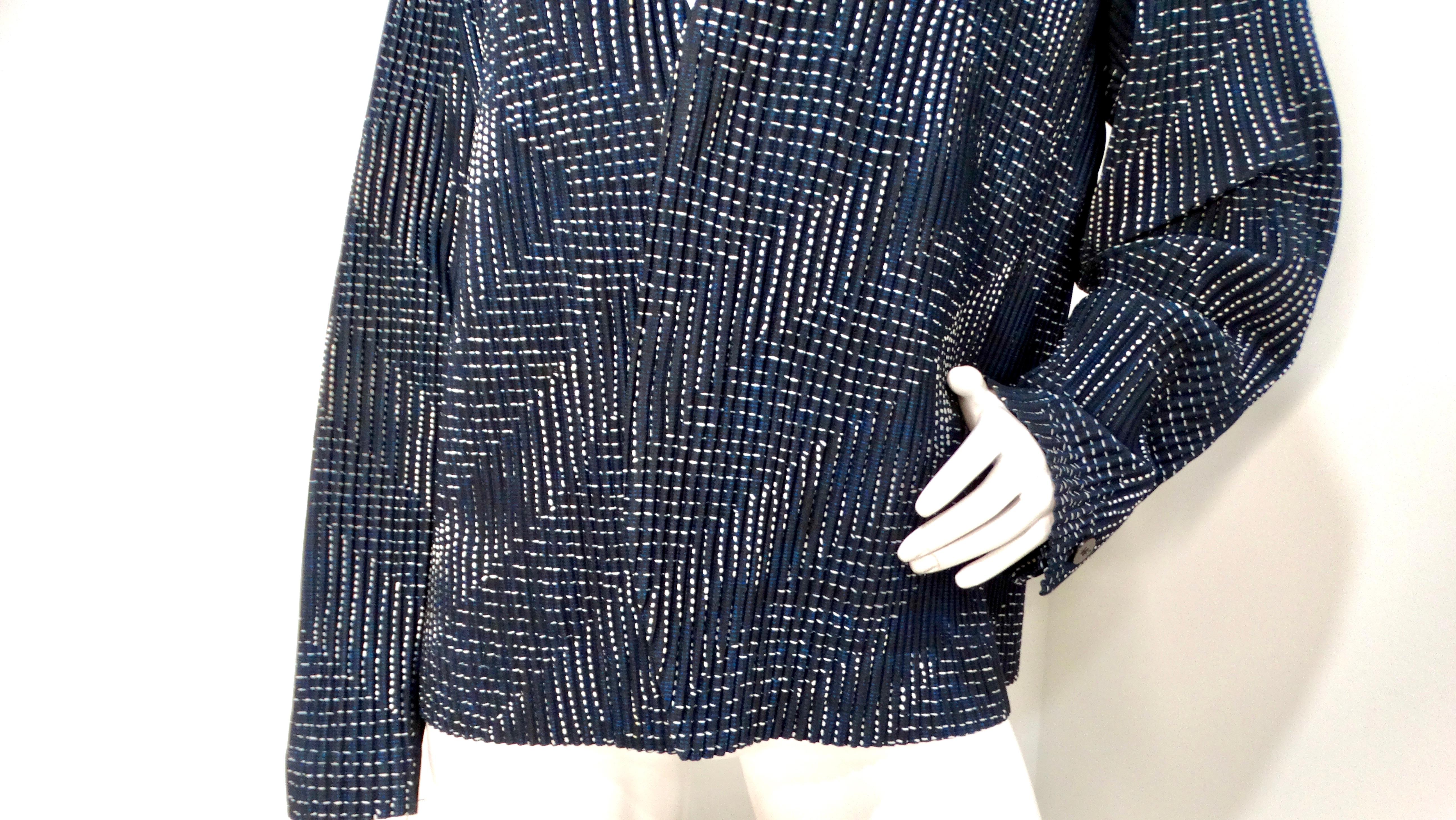 Issey Miyake Homme Plisse Blue Printed Pleated Jacket In Good Condition For Sale In Scottsdale, AZ