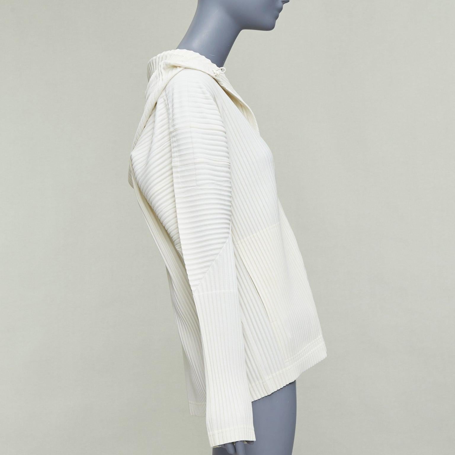 ISSEY MIYAKE Homme Plisse cream pleated zip hooded jacket JP3 L In Excellent Condition In Hong Kong, NT