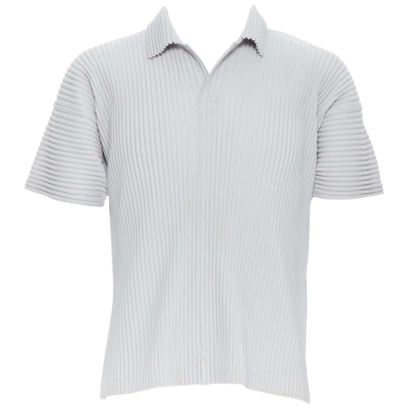 ISSEY MIYAKE HOMME PLISSE grey pleated spread collar short sleeve polo ...