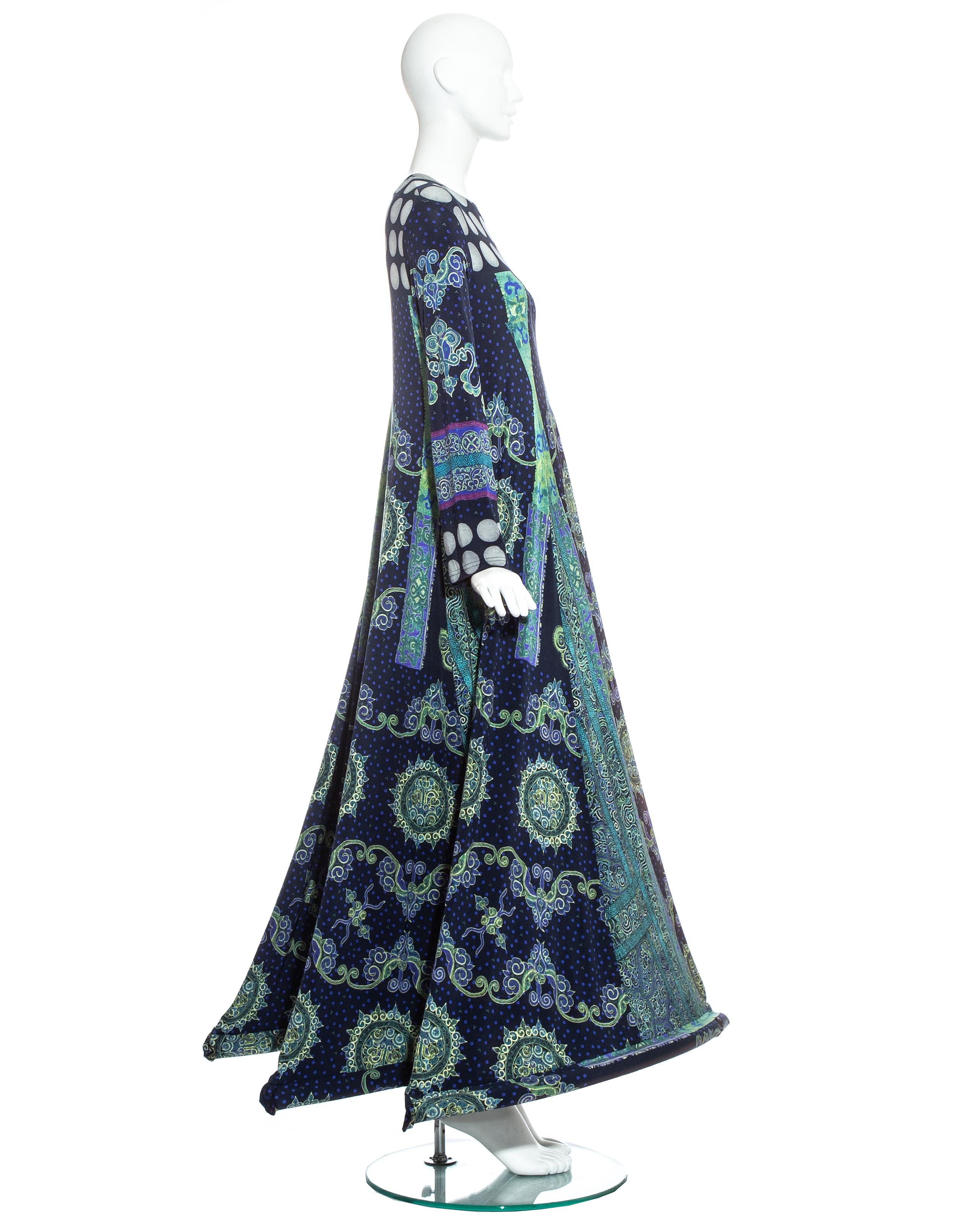 Issey Miyake maxi dress in blue jersey with Indian print.  Inflatable hemmed skirt which creates beautiful shilhouetes when walking. 

Spring-Summer 2001 