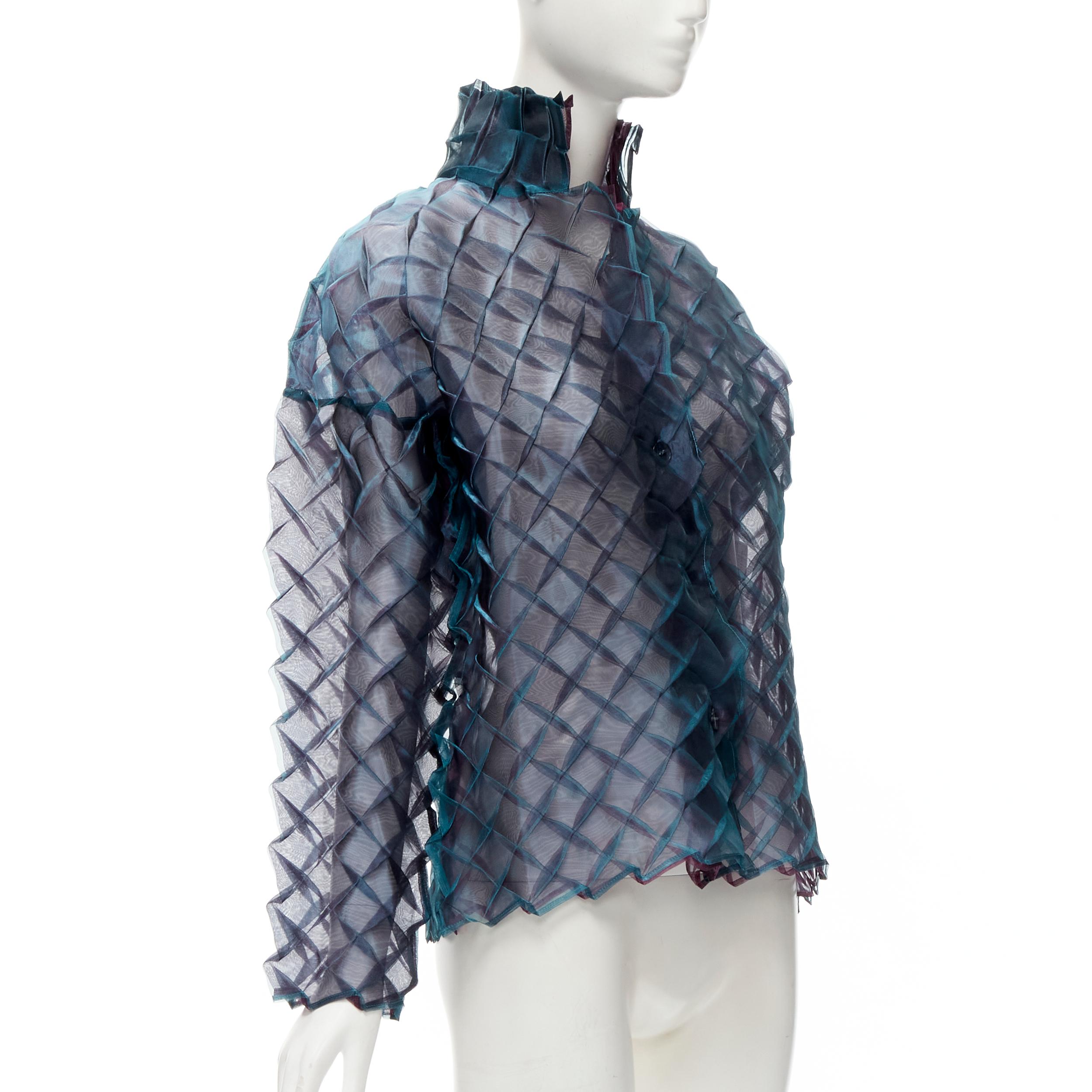 ISSEY MIYAKE iridescent blue textured layered sheer jacket top JP3 L In Excellent Condition In Hong Kong, NT