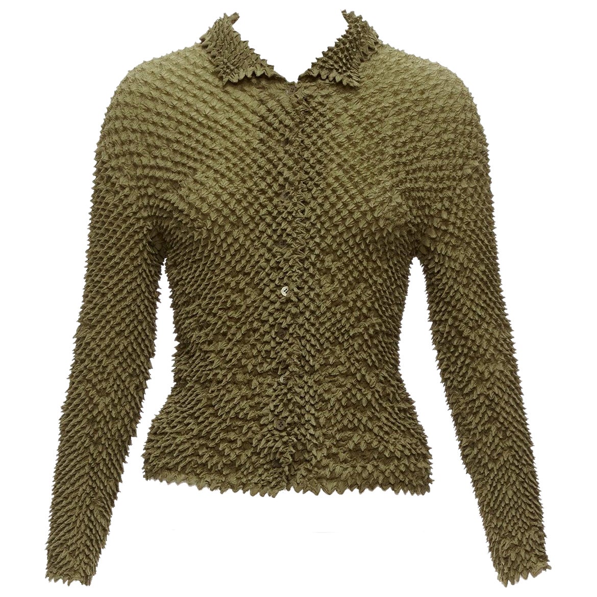 ISSEY MIYAKE khaki green spike pleat button front collared jacket M