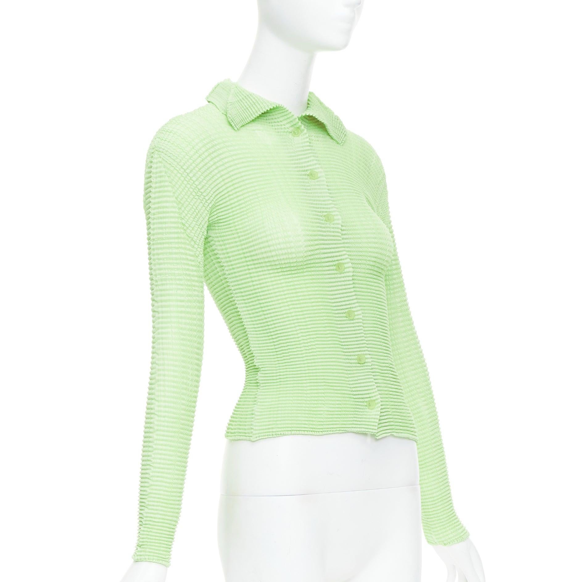 Green ISSEY MIYAKE lime green crinkle pleated button down top cardigan M