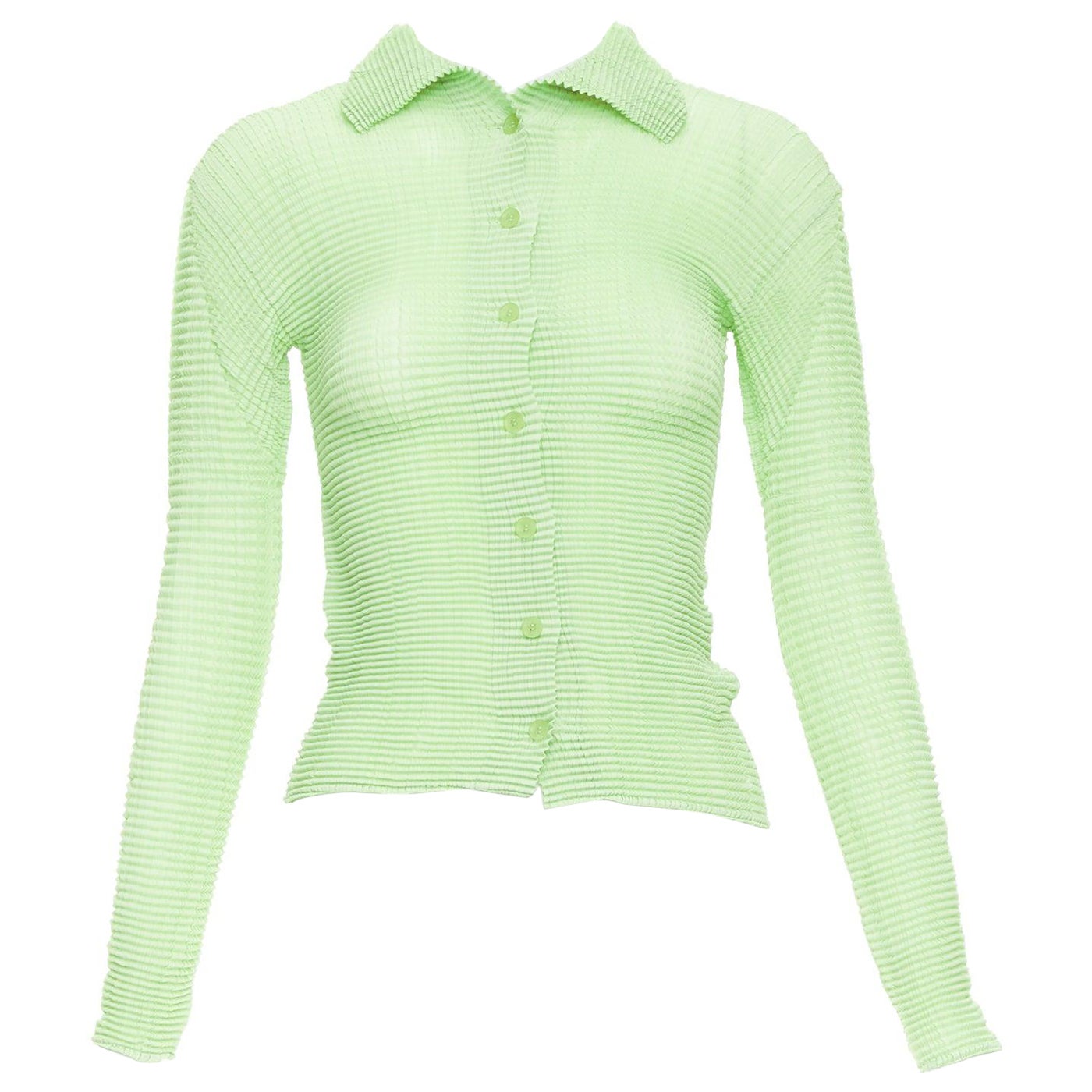 ISSEY MIYAKE lime green crinkle pleated button down top cardigan M