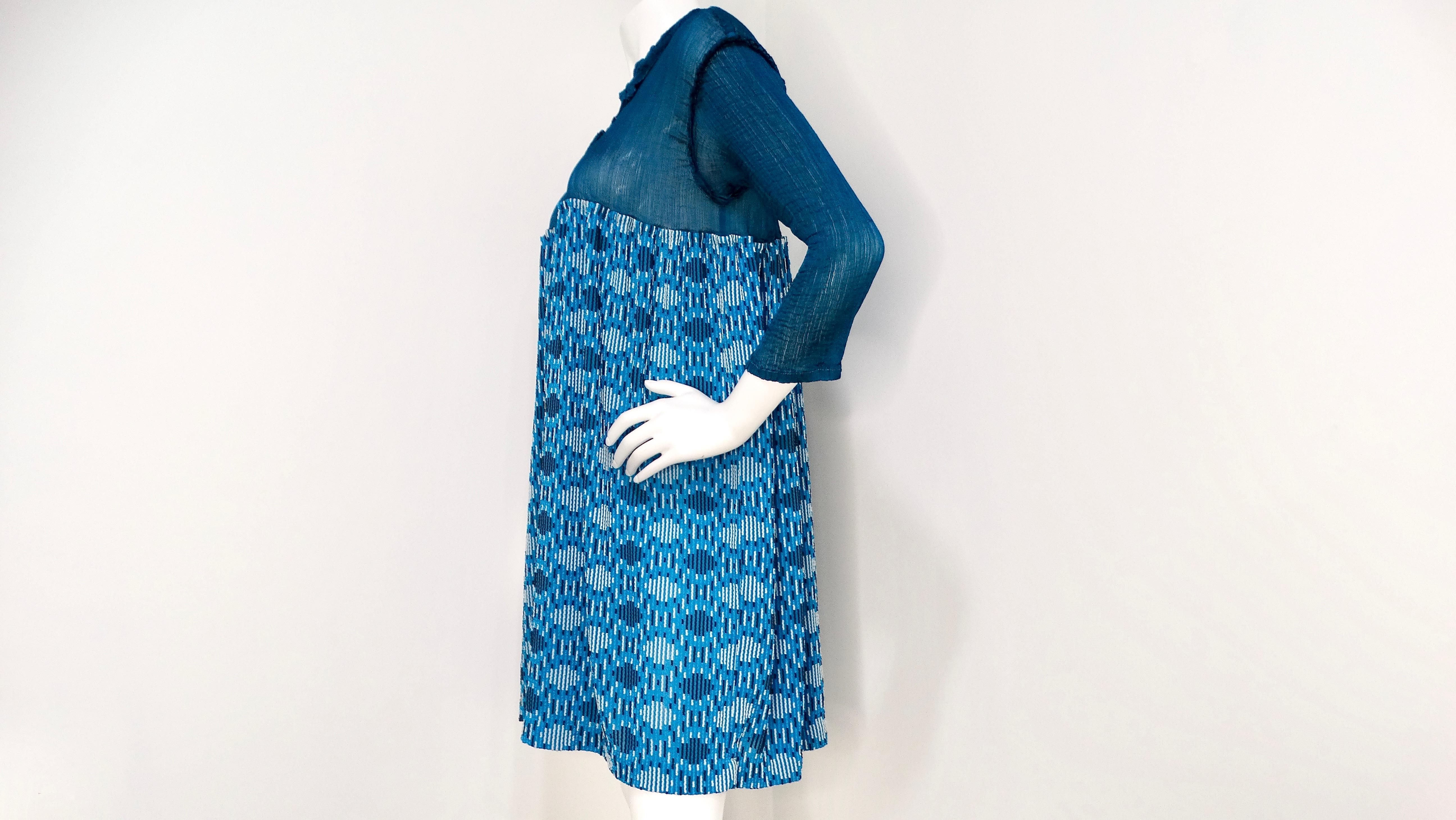 Blue Issey Miyake me 2000s Turquoise Pattern Long-Sleeve Babydoll Dress For Sale