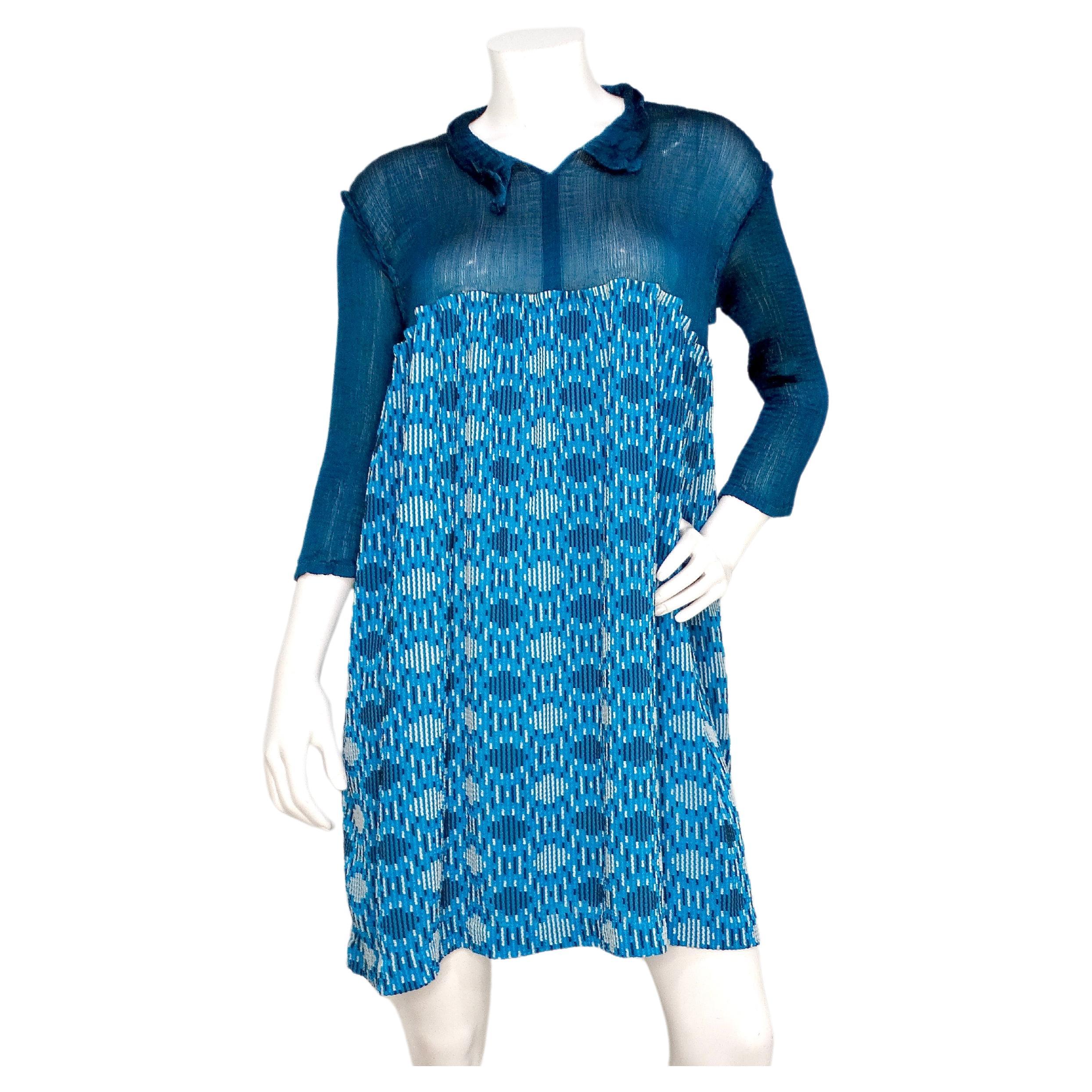 Issey Miyake me 2000s Turquoise Pattern Long-Sleeve Babydoll Dress For Sale
