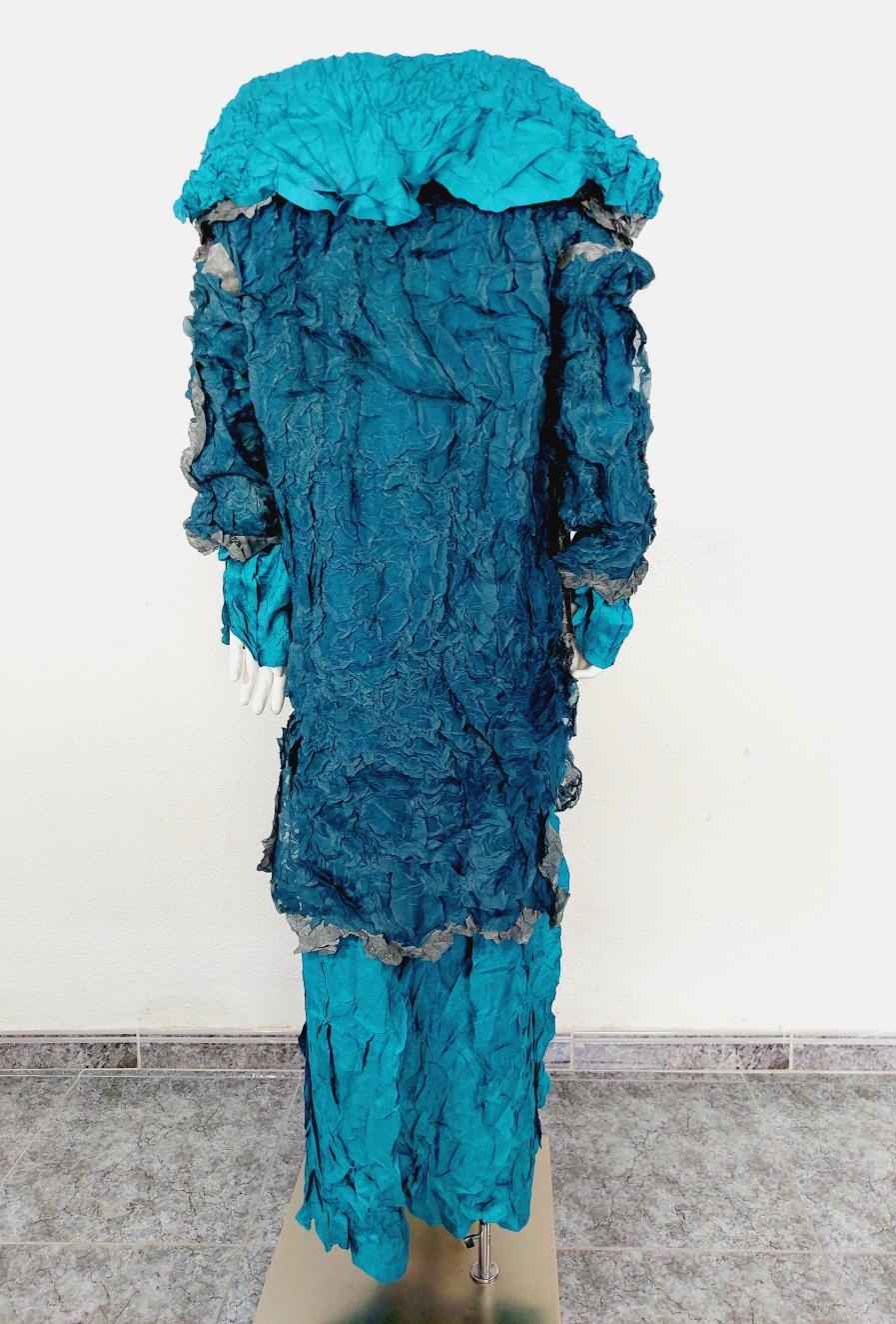 Issey Miyake Metallic Blue Wrinkled Runway Japanese Pleats Please Dress Gown 9
