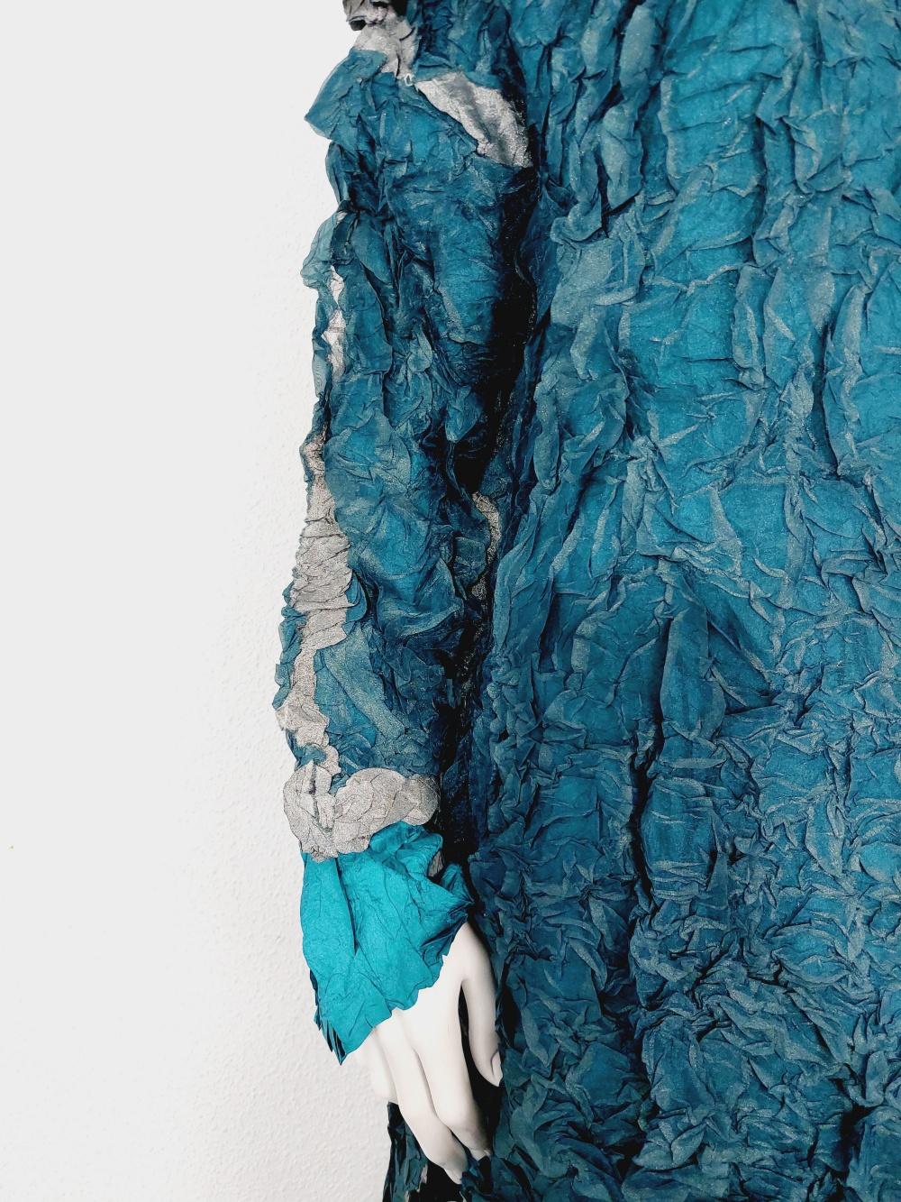 Issey Miyake Metallic Blue Wrinkled Runway Japanese Pleats Please Dress Gown 3