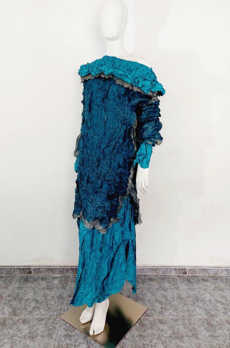 Issey Miyake Metallic Blue Wrinkled Runway Japanese Pleats Please Dress  Gown For Sale at 1stDibs