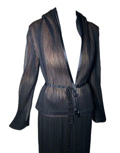 Issey Miyake Micro Pleated Black & Tan Jacket + Skirt Ensemble, 1990s