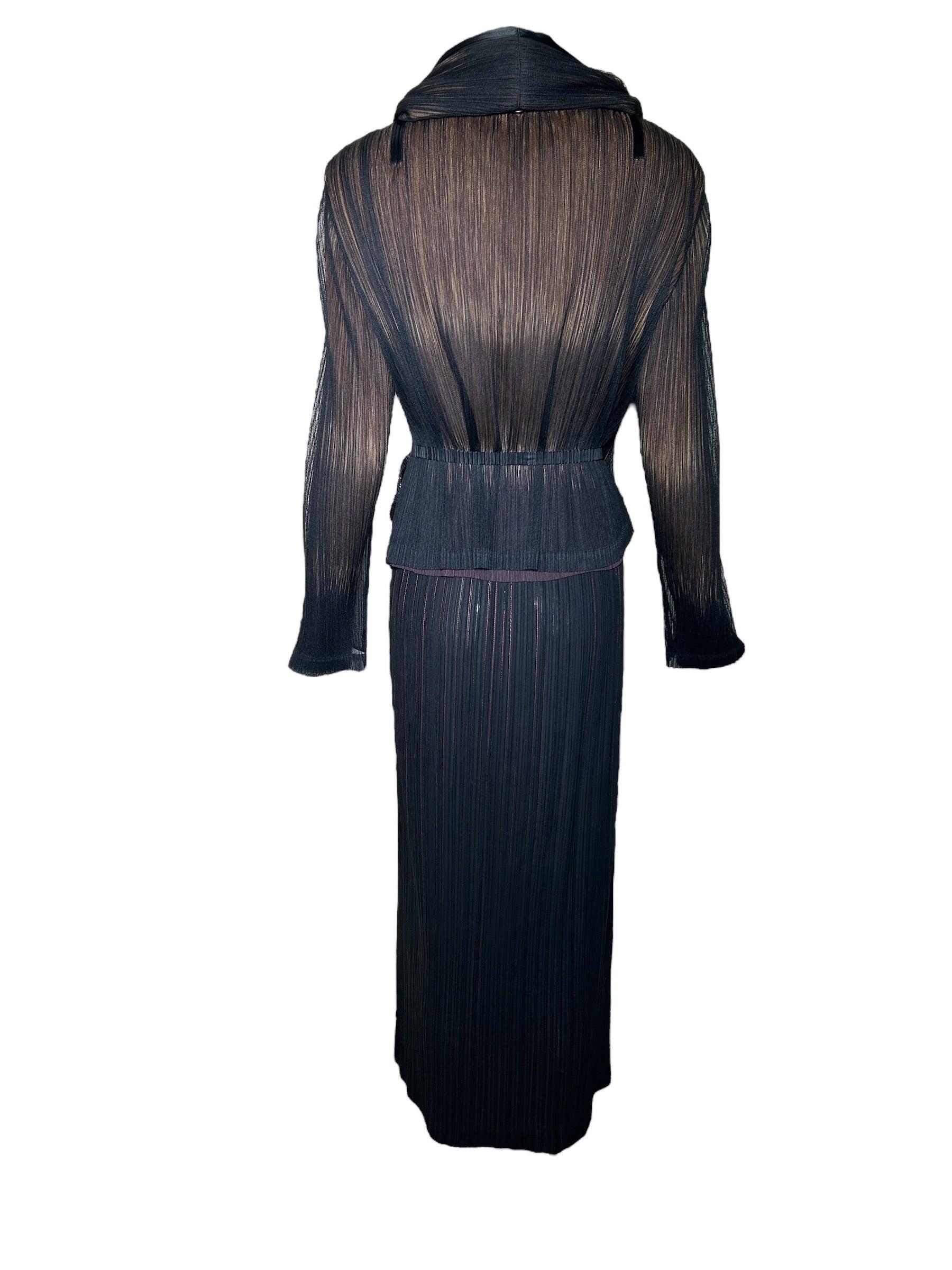 Issey Miyake Micro Pleated Black & Tan Jacket + Skirt Ensemble, 1990s In New Condition For Sale In Los Angeles, CA