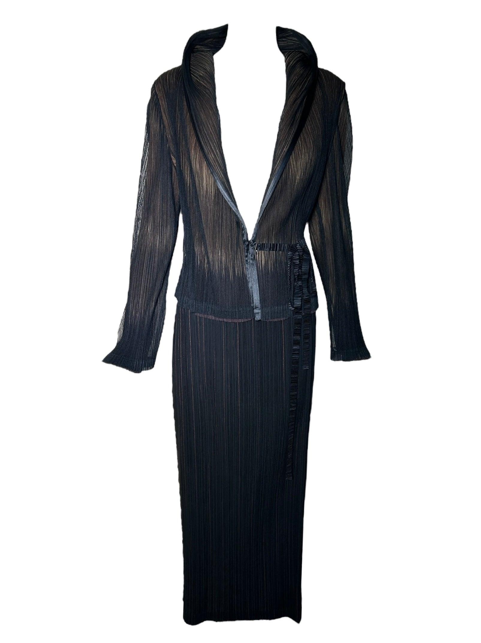 Issey Miyake Micro Pleated Black & Tan Jacket + Skirt Ensemble, 1990s For Sale