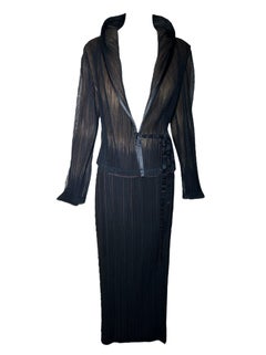 Issey Miyake Micro Pleated Black & Tan Jacket + Skirt Ensemble, 1990s