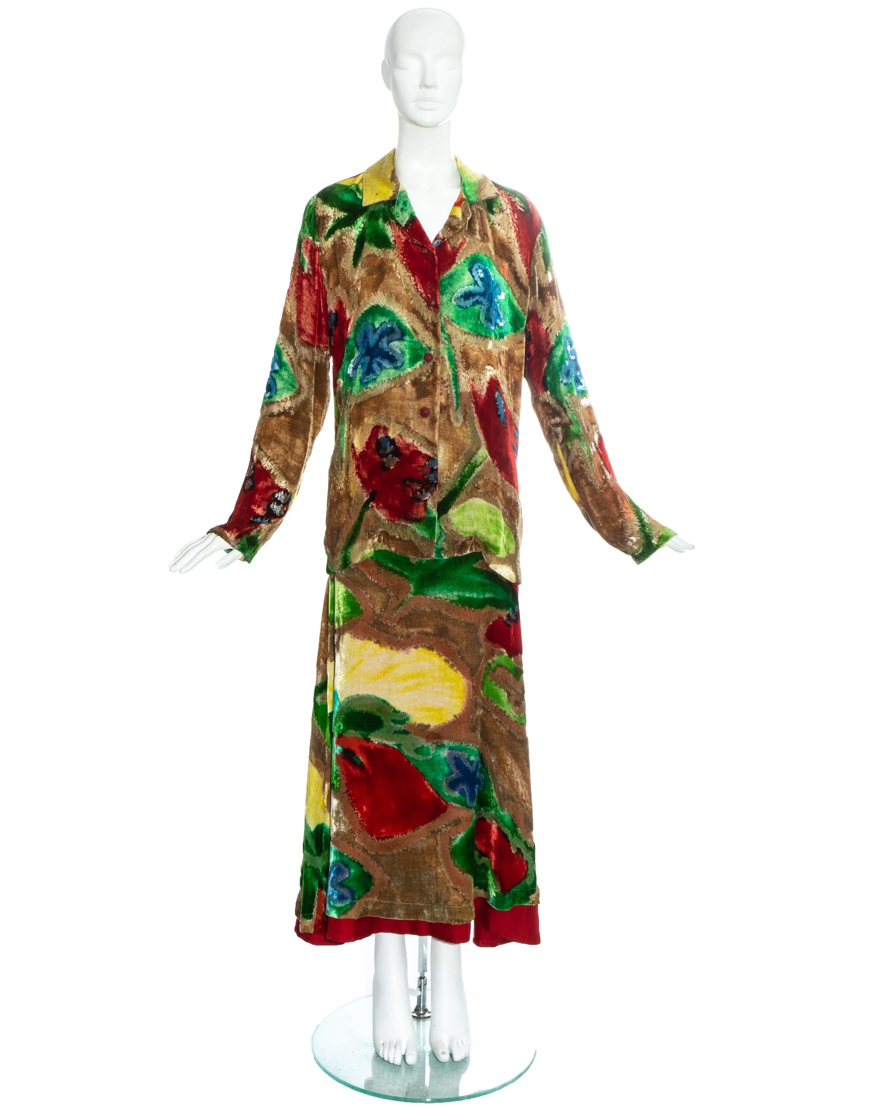Brown Issey Miyake multicoloured devoré and silk skirt suit, fw 1996 For Sale