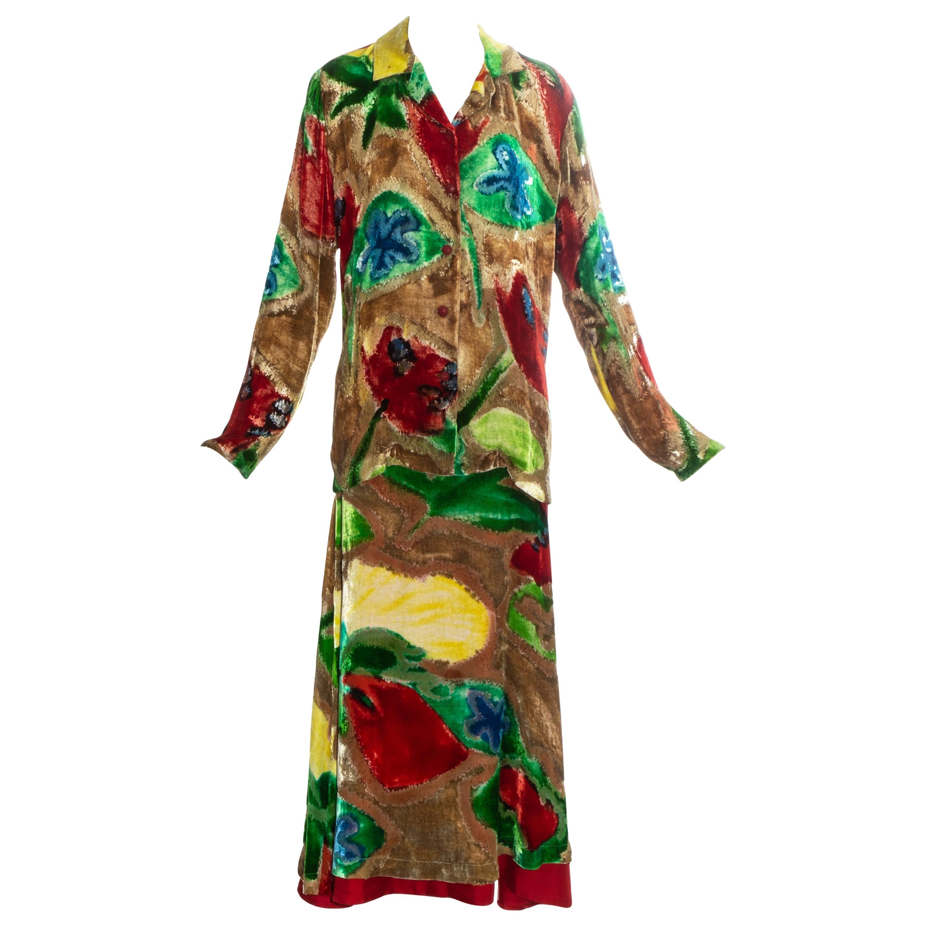 Issey Miyake multicoloured devoré and silk skirt suit, fw 1996