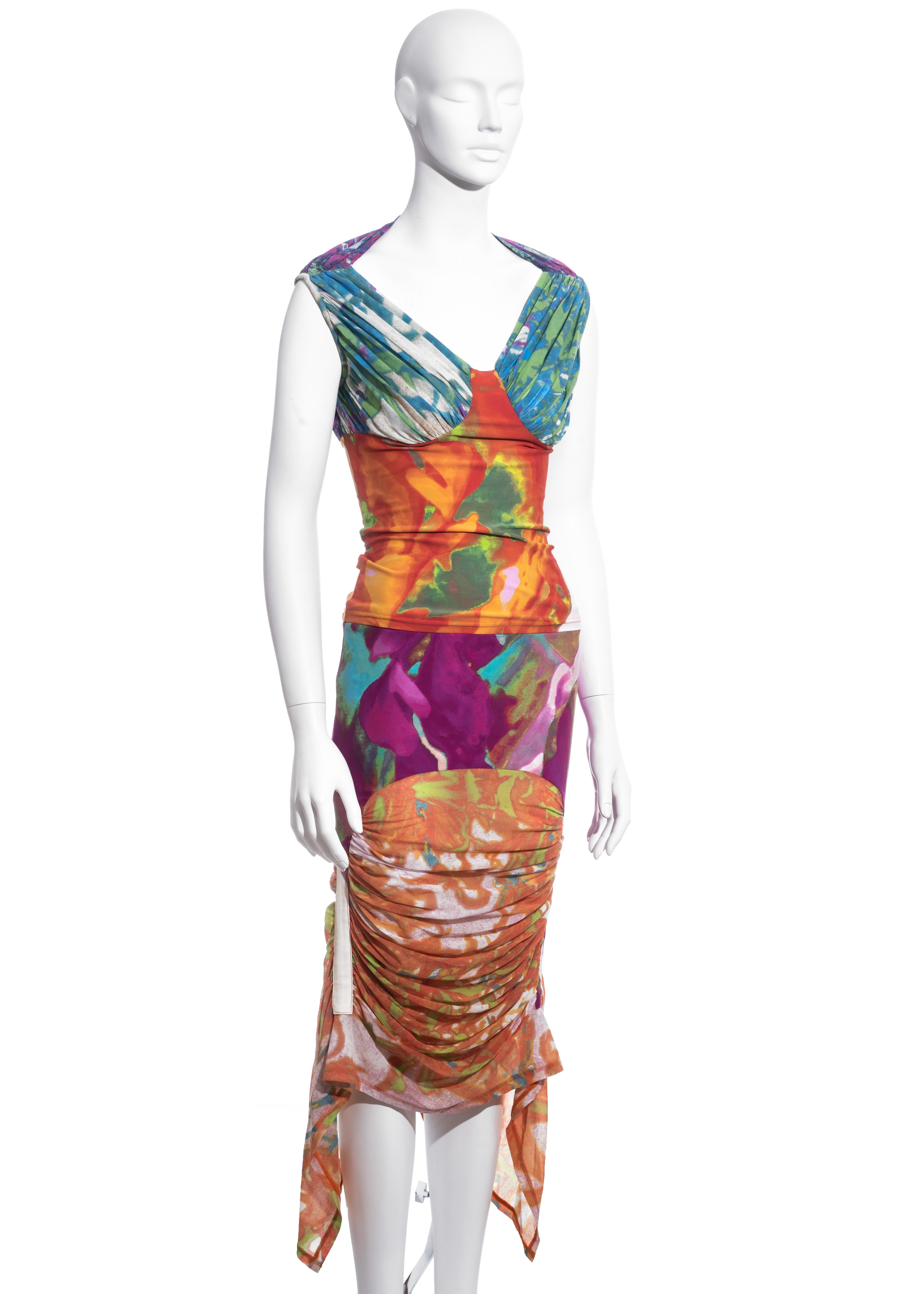 ▪ Issey Miyake multicoloured mesh and lycra skirt and top set
▪ Vest with ruched back and bust panels
▪ Mid-length skirt with ruched seams and handkerchief hemline
▪ JP 3 / EU + US Medium
▪ Spring-Summer 2002