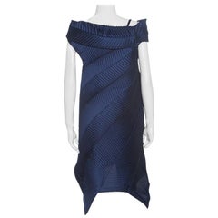 Issey Miyake Navy Blue Pleated Boat Neck Asymmetric Dress S