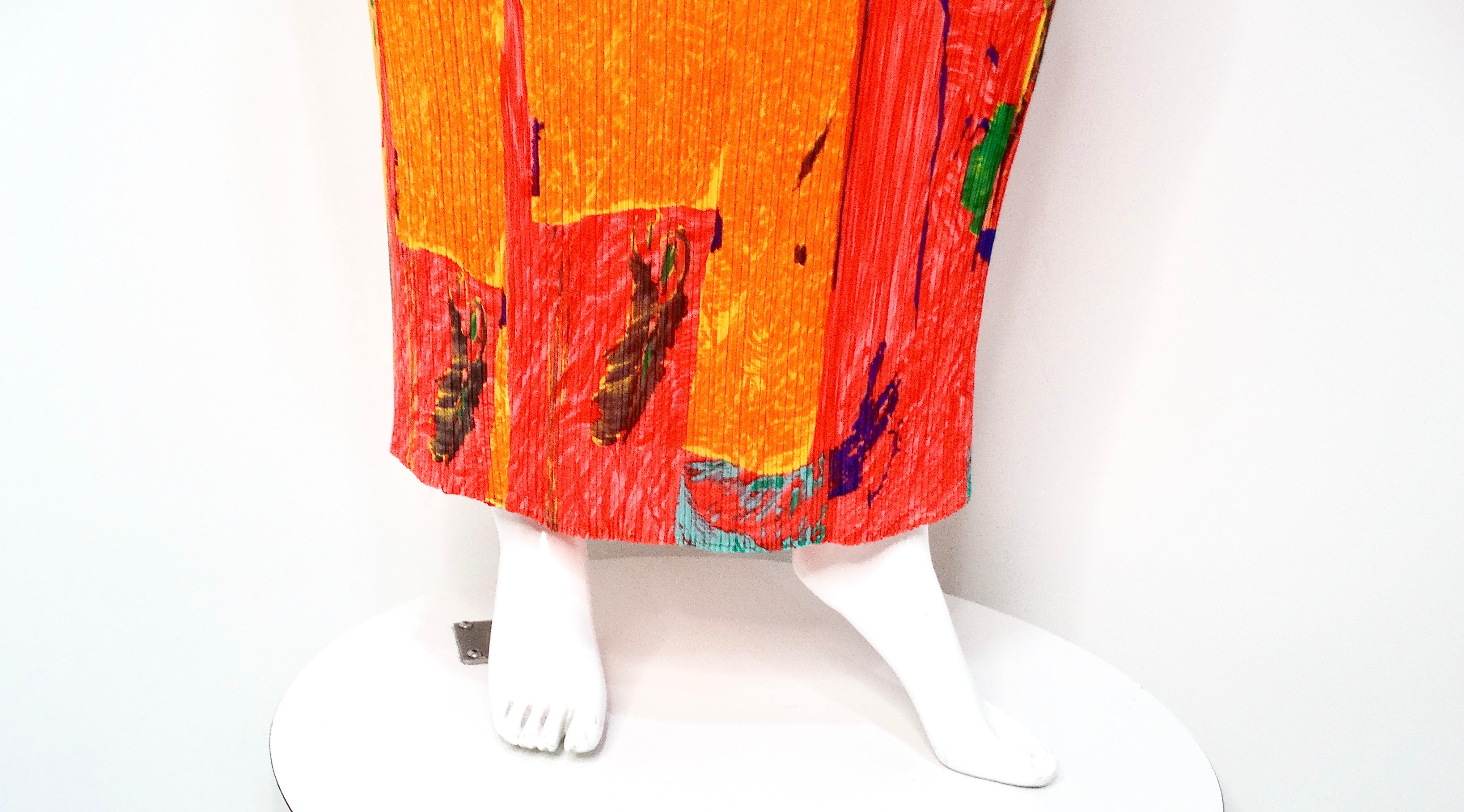 Issey Miyake - Jupe longue plissée à imprimé abstrait - Orange Bon état - En vente à Scottsdale, AZ