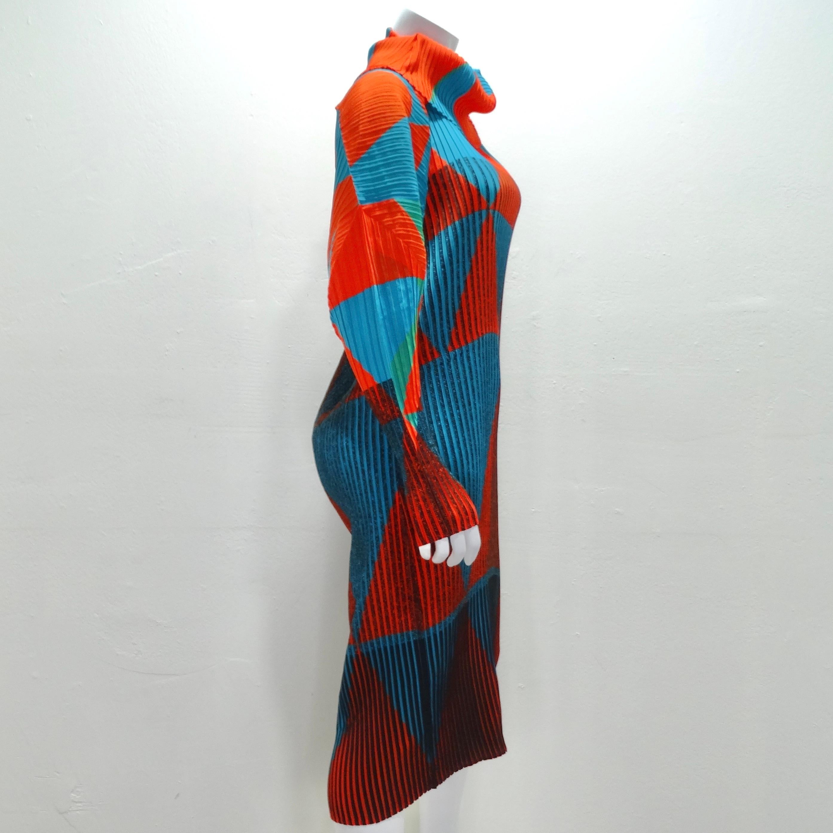 Issey Miyake Orange Blue Pleated 1990s Turtleneck Dress In Good Condition For Sale In Scottsdale, AZ