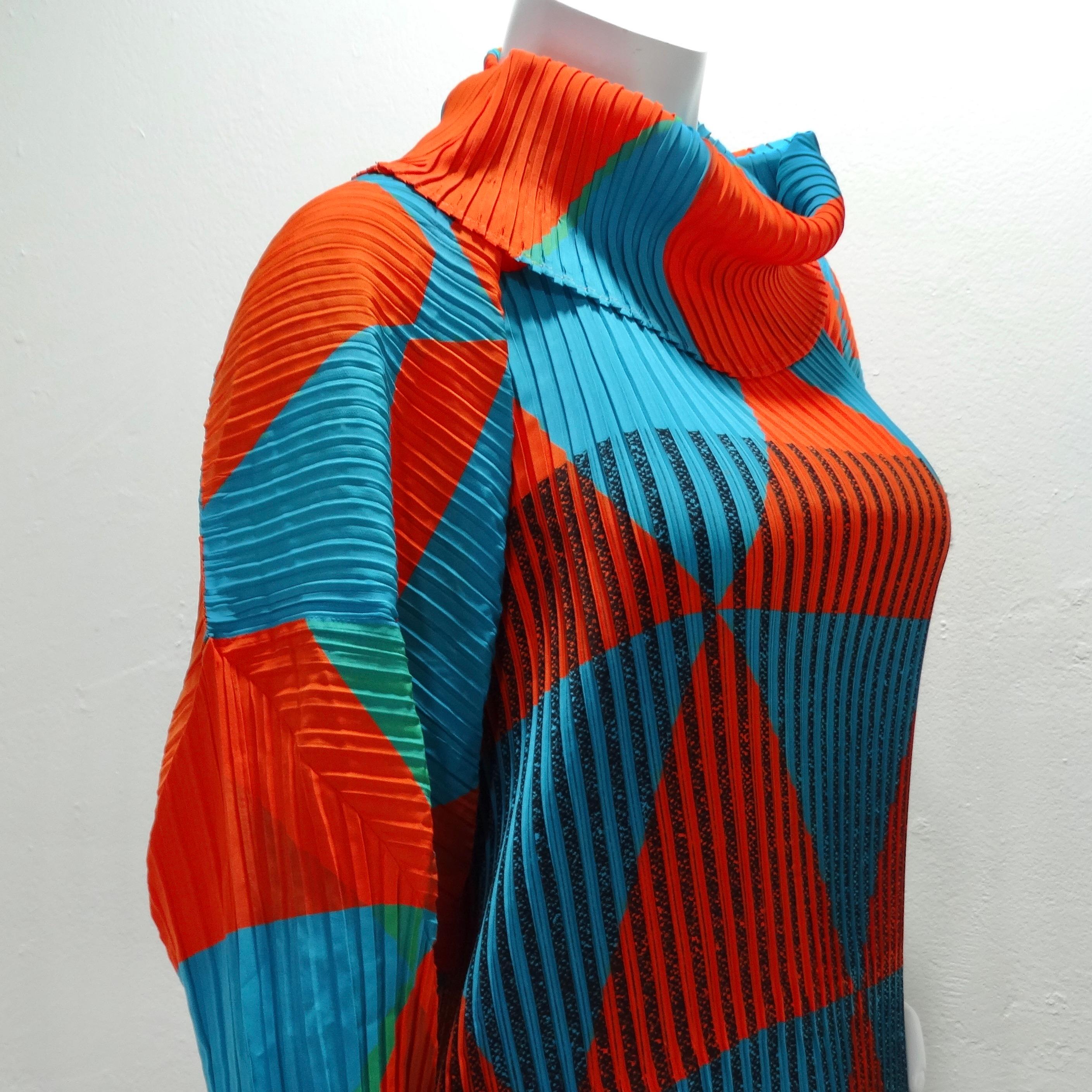 Women's or Men's Issey Miyake Orange Blue Pleated 1990s Turtleneck Dress For Sale