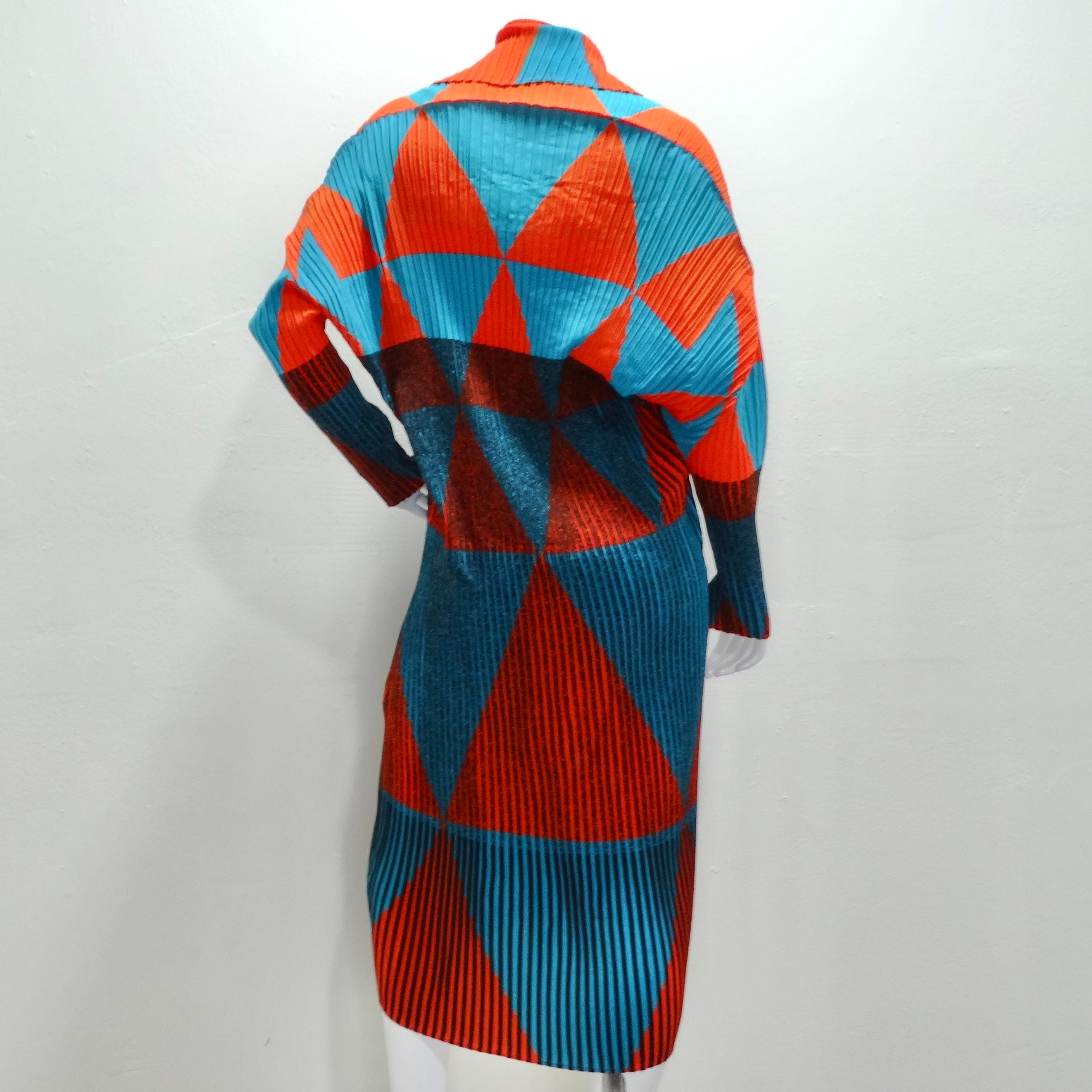 Issey Miyake Orange Blue Pleated 1990s Turtleneck Dress For Sale 2