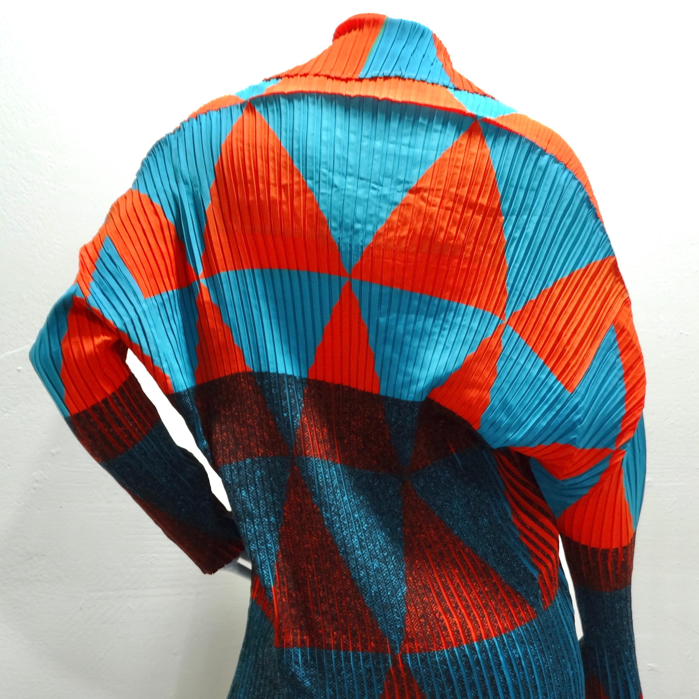 Issey Miyake Orange Blue Pleated 1990s Turtleneck Dress For Sale 3