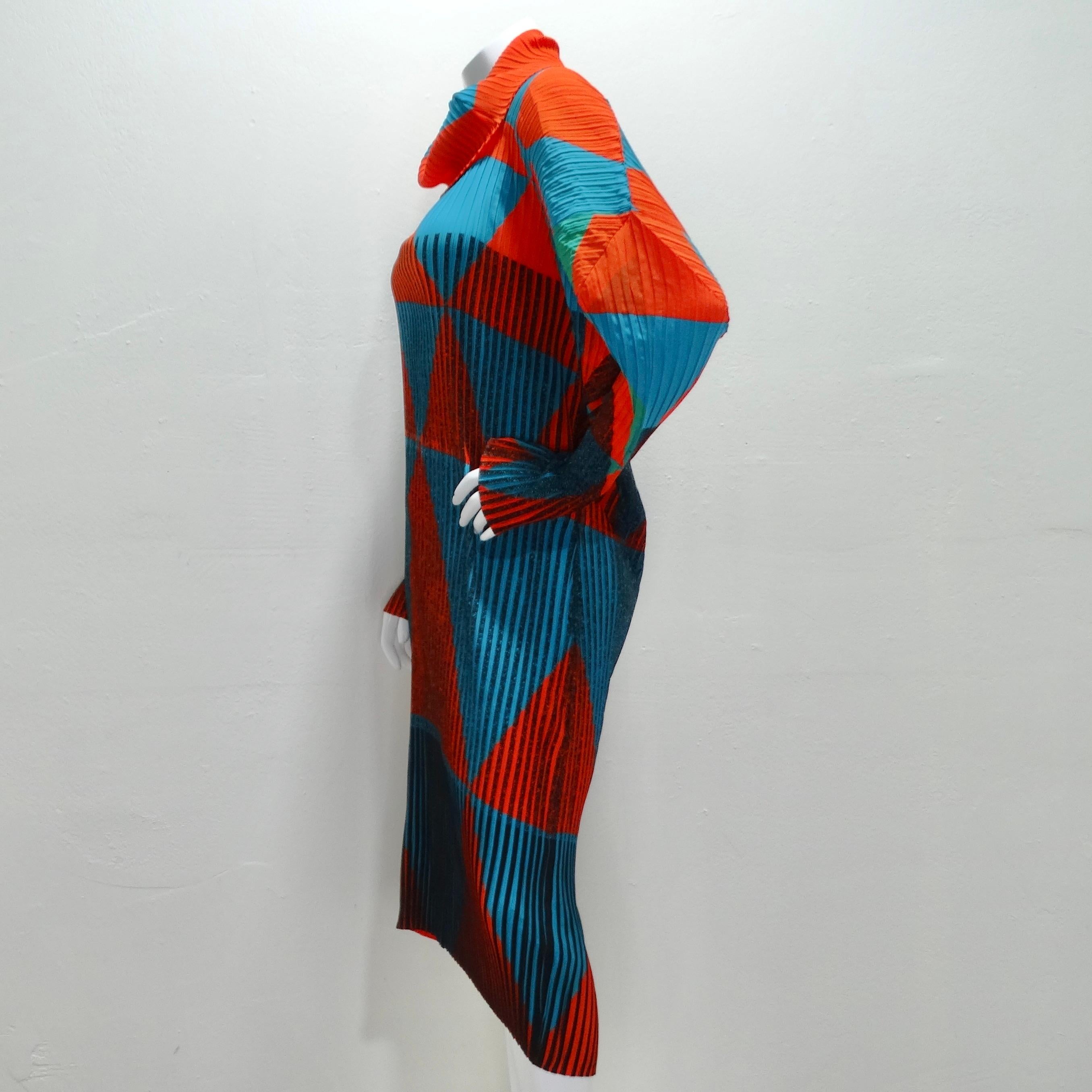 Issey Miyake Orange Blue Pleated 1990s Turtleneck Dress For Sale 4