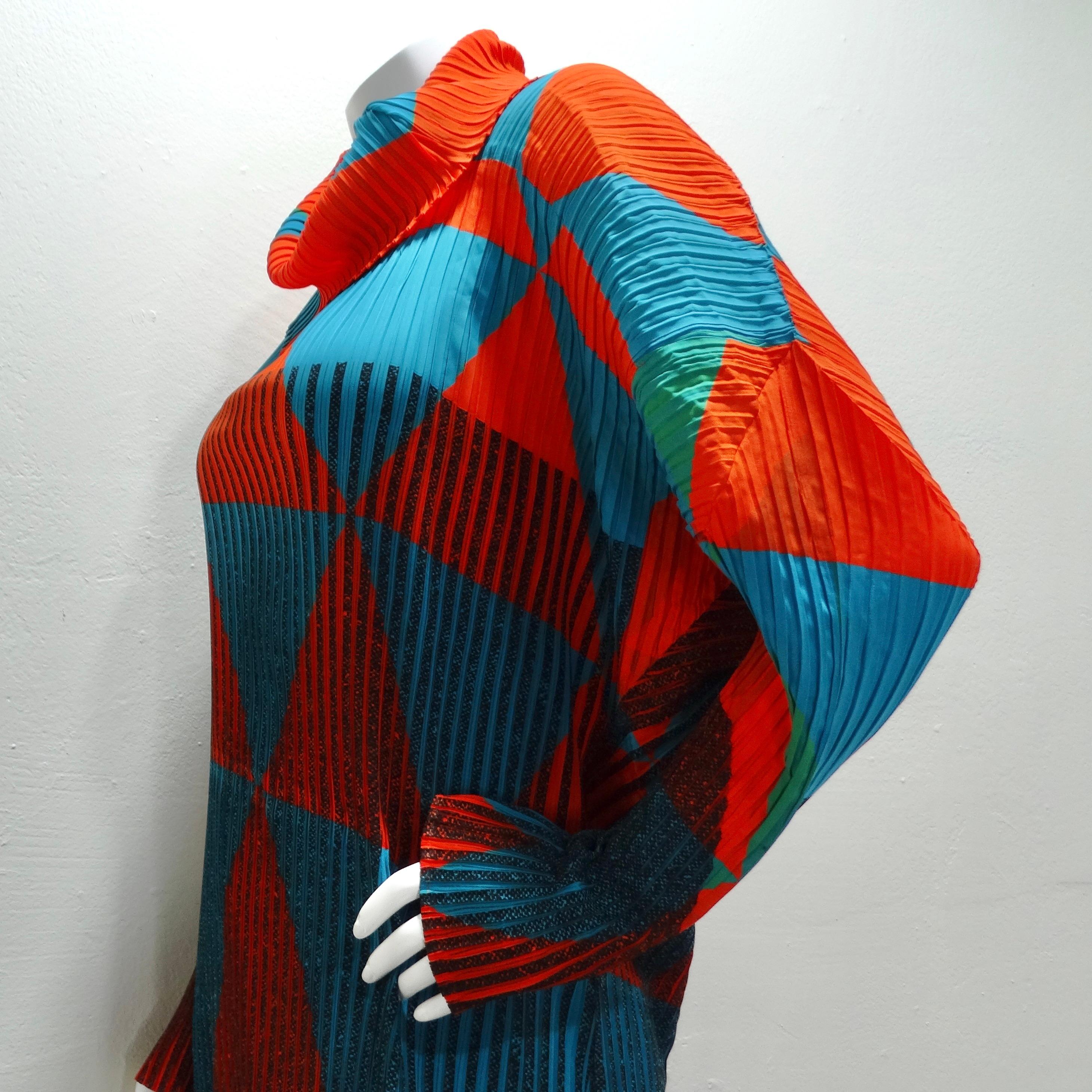 Issey Miyake Orange Blue Pleated 1990s Turtleneck Dress For Sale 5