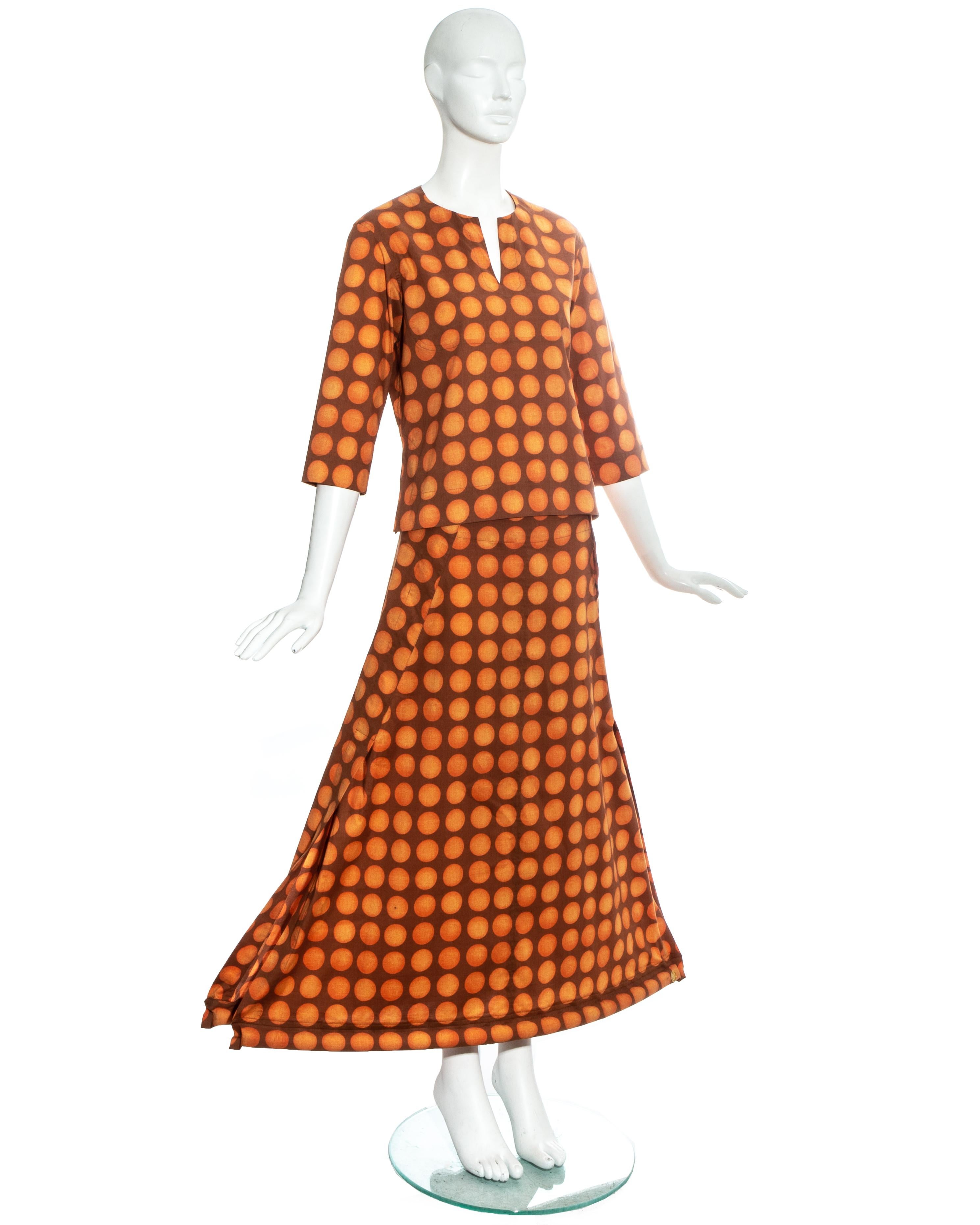 Issey Miyake orange polkadot printed cotton skirt suit, ss 2001 In Excellent Condition For Sale In London, GB