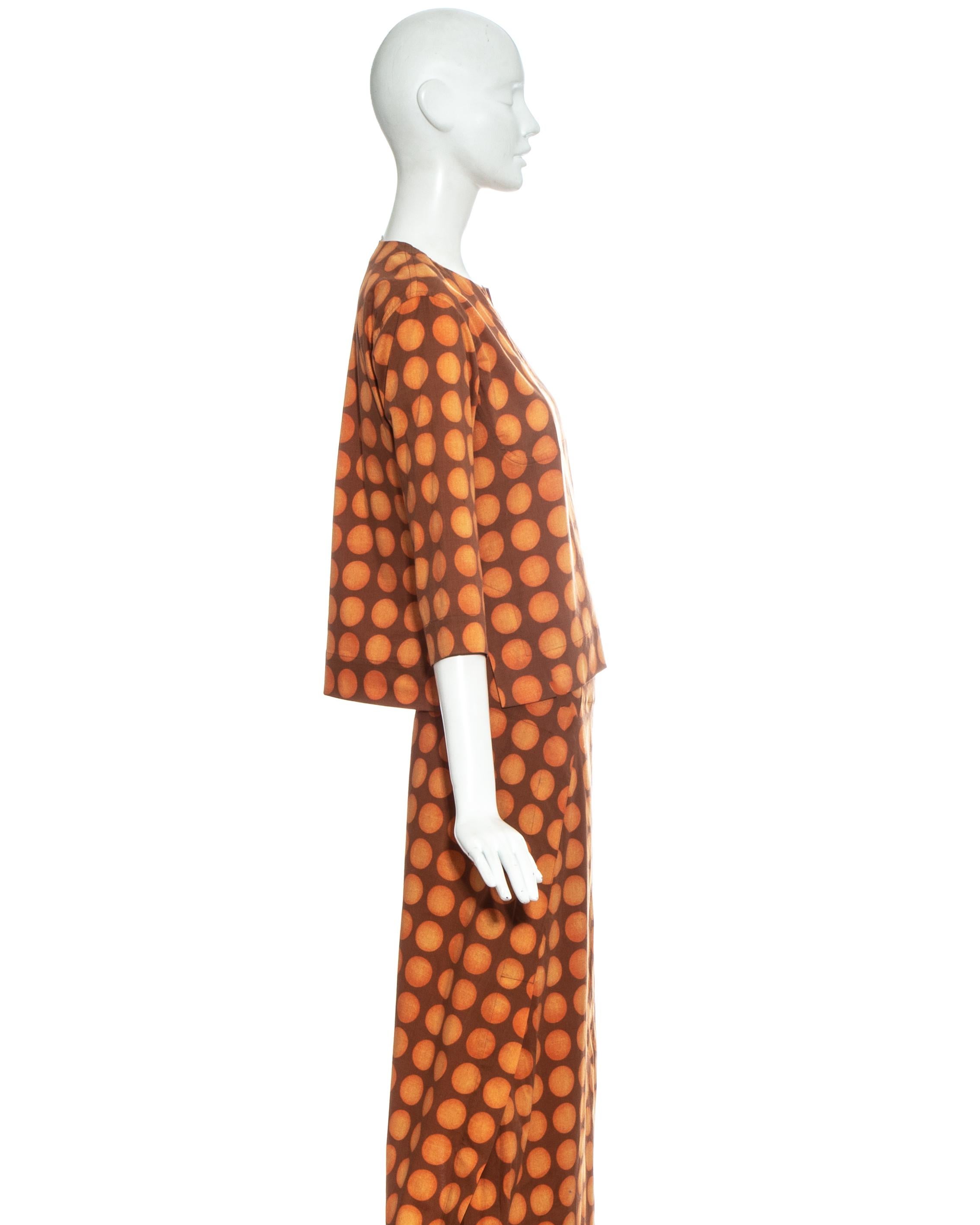 Women's Issey Miyake orange polkadot printed cotton skirt suit, ss 2001 For Sale