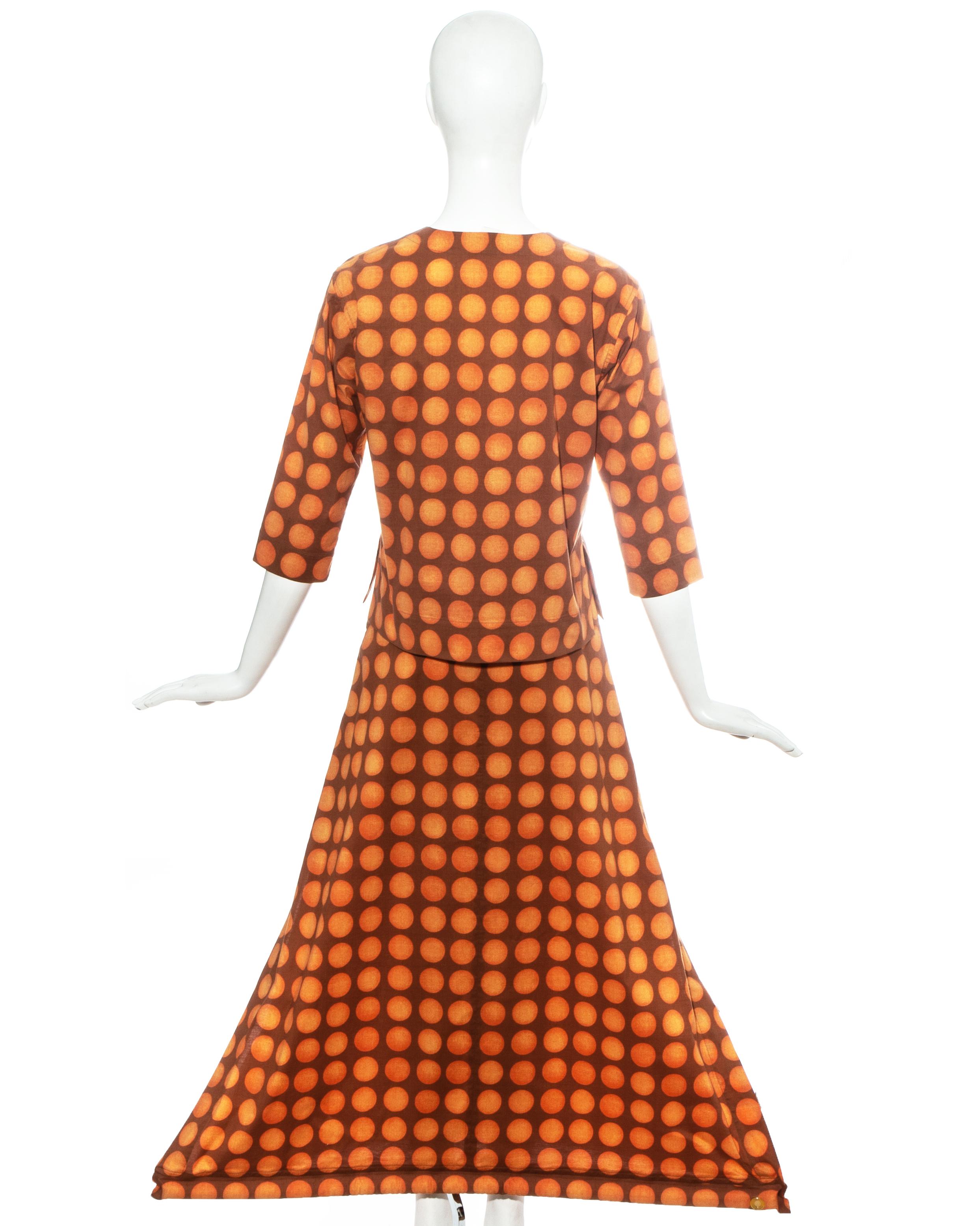Issey Miyake orange polkadot printed cotton skirt suit, ss 2001 For Sale 1