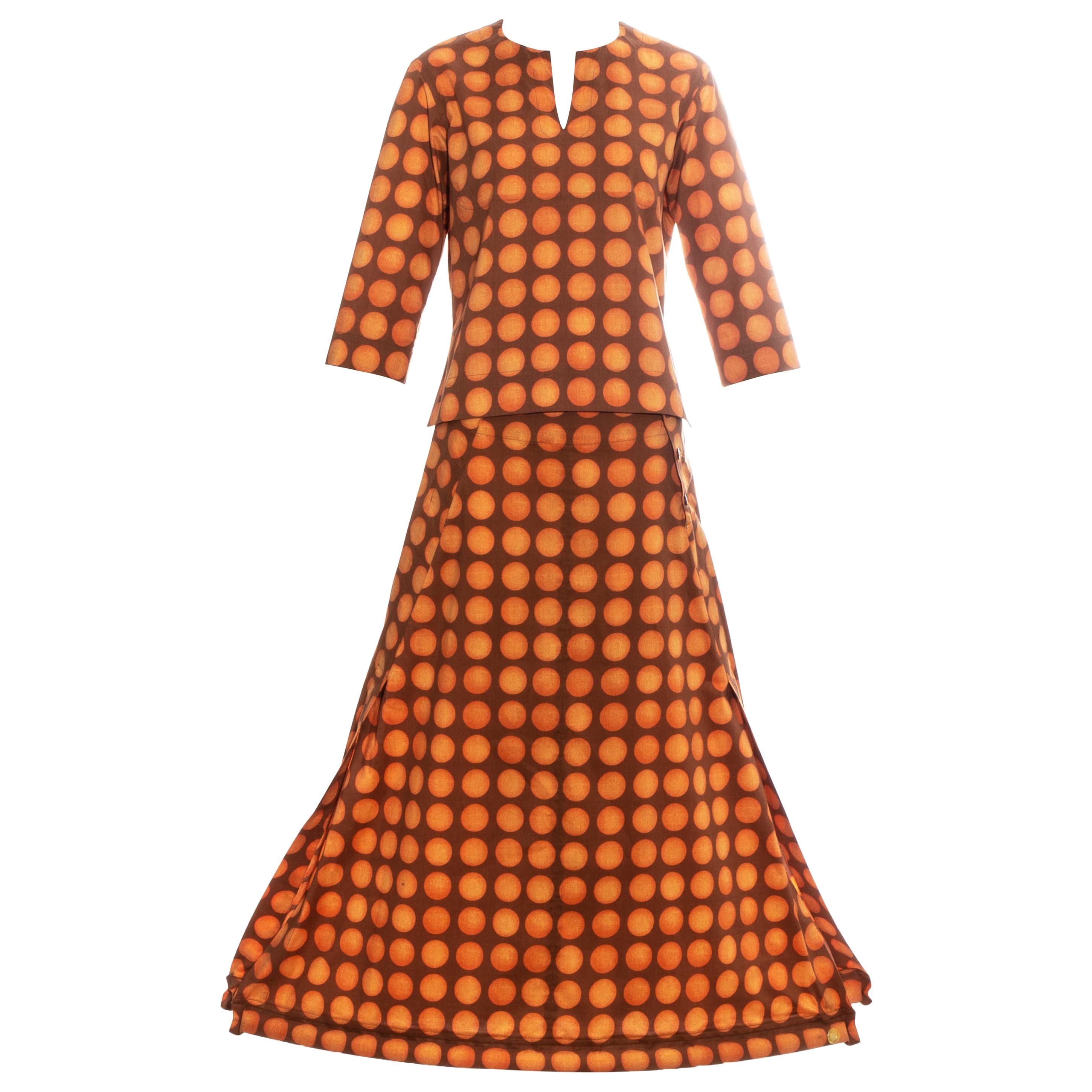 Issey Miyake orange polkadot printed cotton skirt suit, ss 2001 For Sale