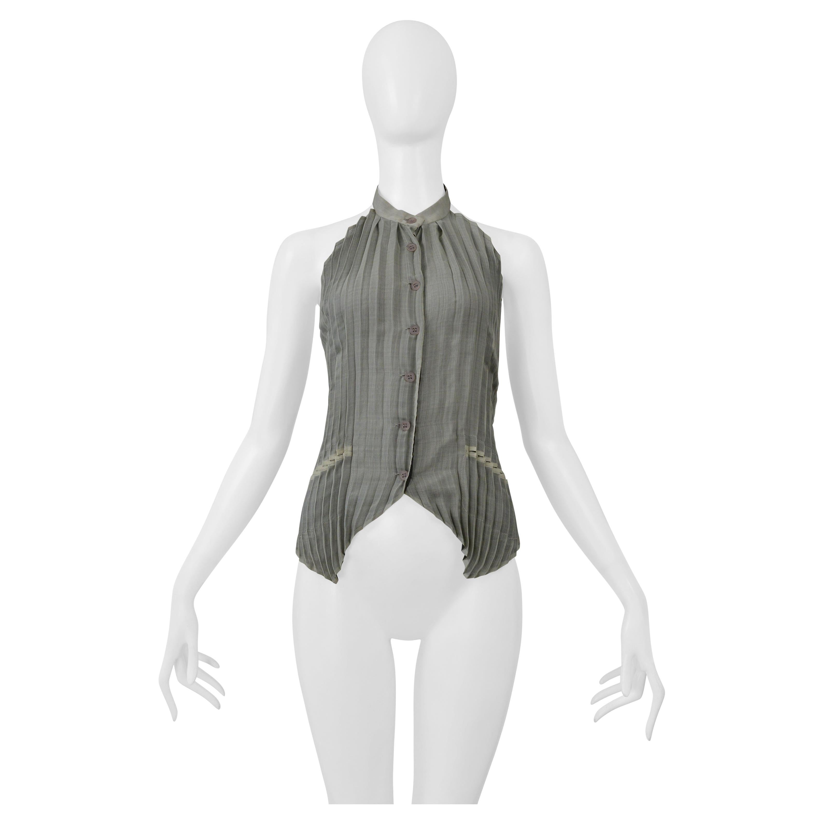Issey Miyake - Top a pieghe grigio perla con schiena aperta Ss 2000 in vendita