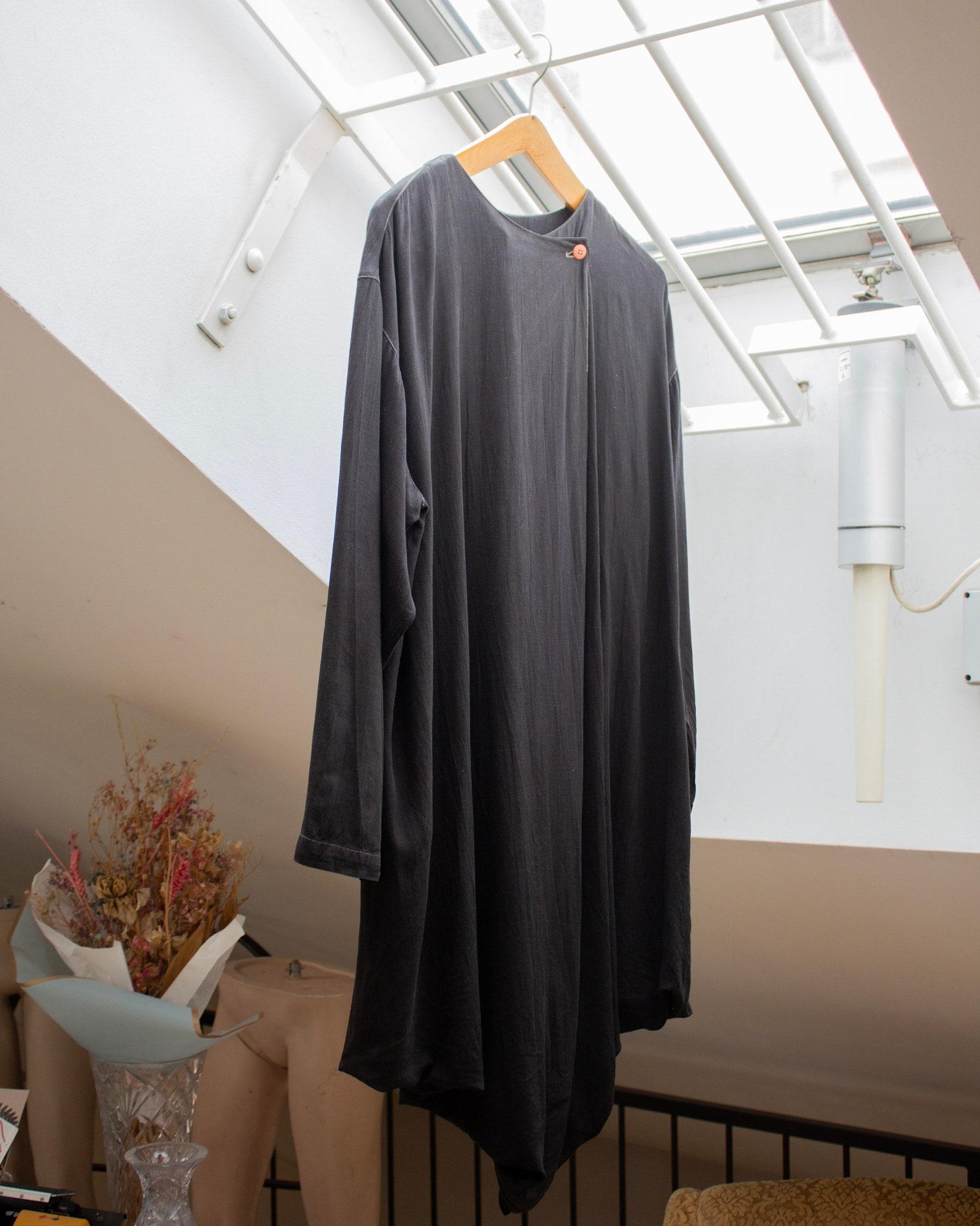 Black Issey Miyake Permanente 80's cotton and linen cocoon draped Haori style duster  For Sale