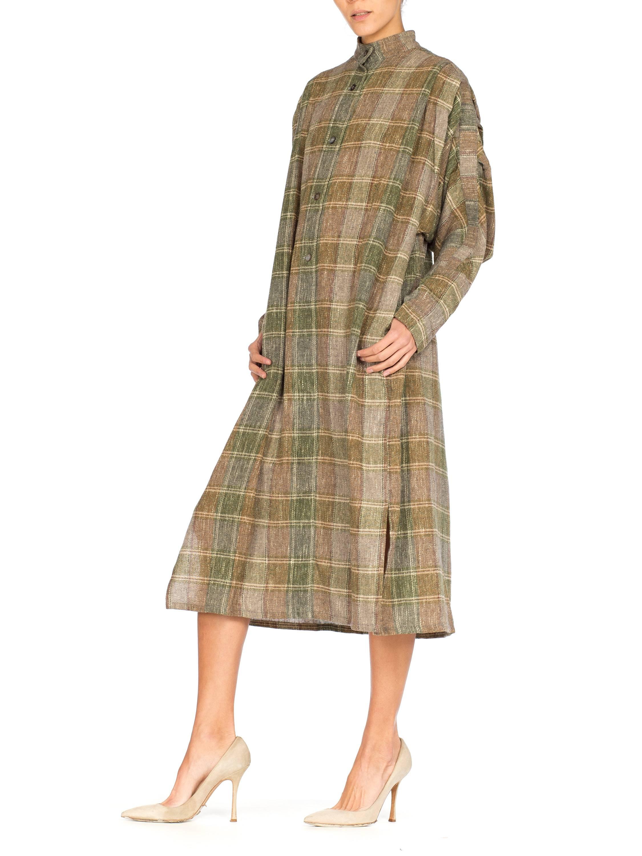 1980er ISSEY MIYAKE Wolle Flannel Plaid plissierte Ärmel Tunika Kleid (Braun) im Angebot